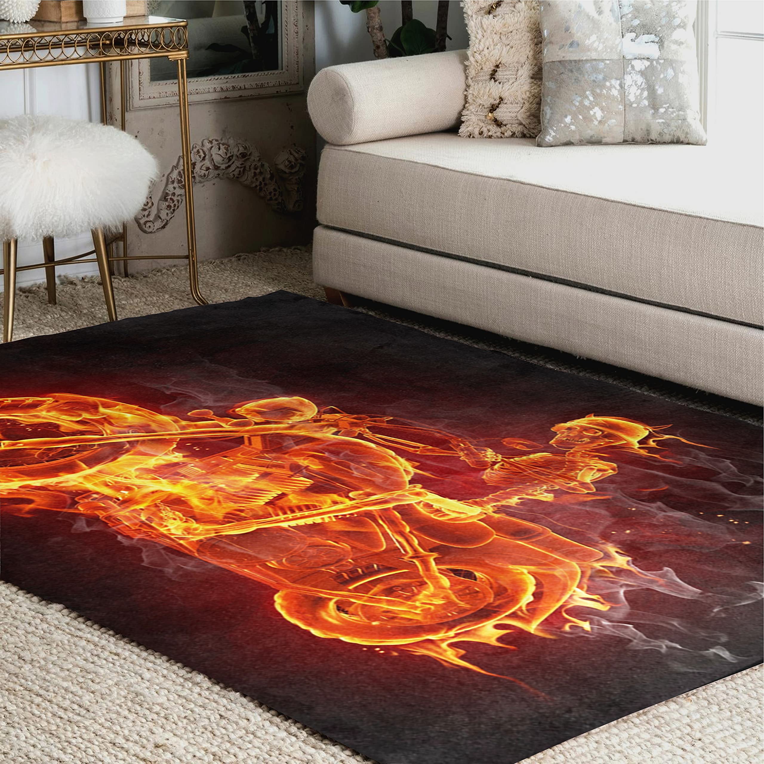 ALAZA Fire Skeleton Riding Motorcycle Area Rug Rugs for Living Room Bedroom 4'10" x 6'8"