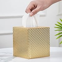 SUNYUROU Gold Square Tissue Box Cover - Premium PU Leather & Solid Wood Holder, Magnetic Bathroom & Kitchen Accessory, 5x5x5.5"