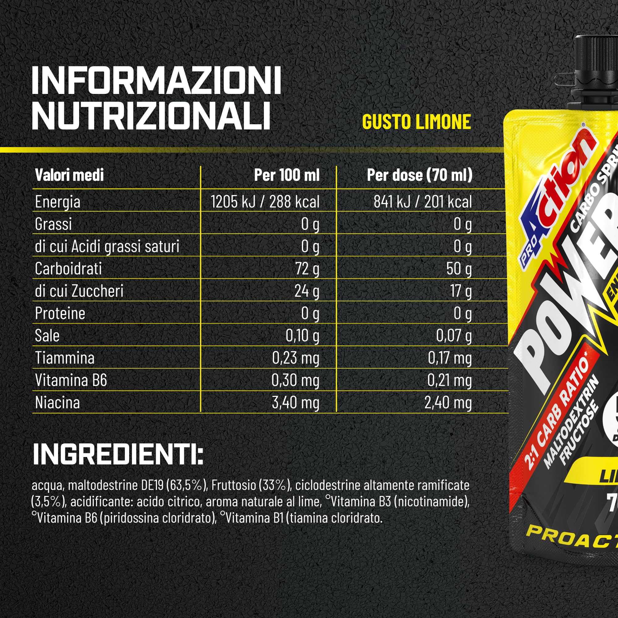 ProAction Carbo Sprint Power 50 Carbo Gel 50g | Gel Carboidrati 2:1 con Maltodestrine e Ciclodestrine Altamente Ramificate per Ciclismo Endurance | 70 ml per Stick | Box da 32 pz