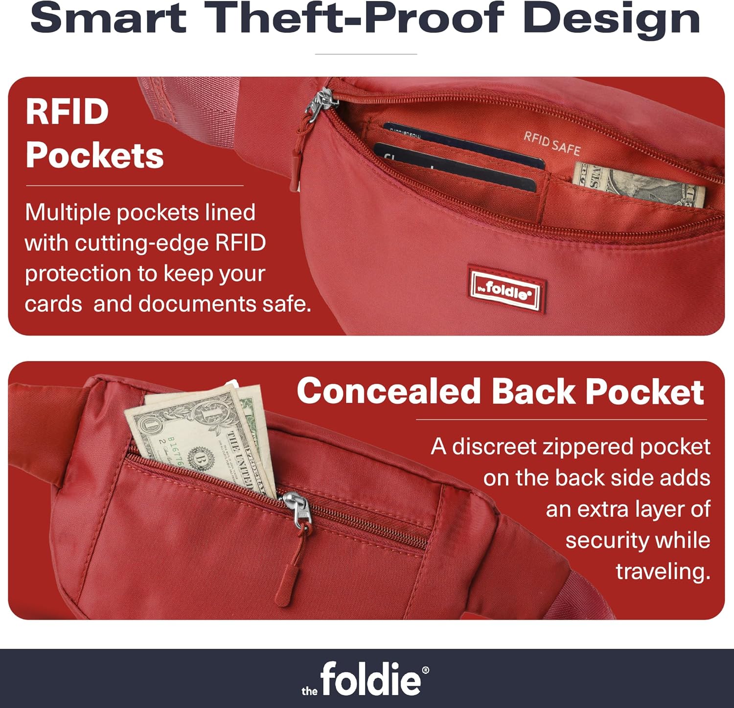 The Foldie Foldable Crossbody Bags for Women & Men - Anti-Theft RFID-Safe Fanny Pack with Smart Lockable Zippers and Cut-Resistant Strap - Lightweight Waist Pack for Travel & Everyday Use - Red