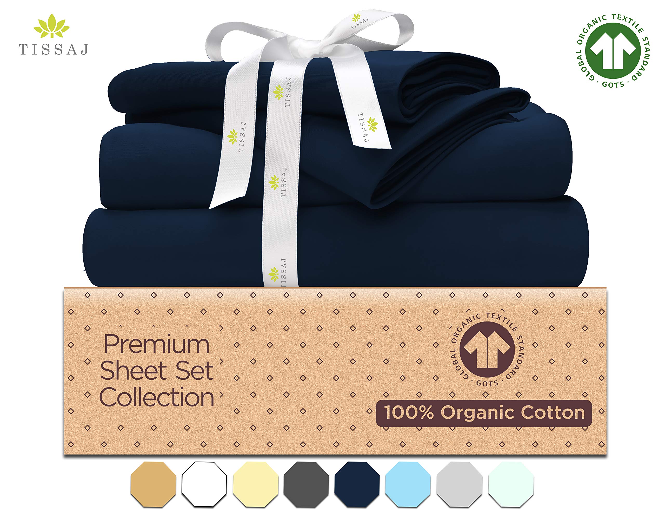 Organic Cotton Bed Sheets Set - 500TC Queen Size Navy Blue - 4 Piece Bedding - 100% GOTS Certified Extra Long Staple, Soft Sateen Weave Bedsheets - Fits 15" Deep Pocket Mattress