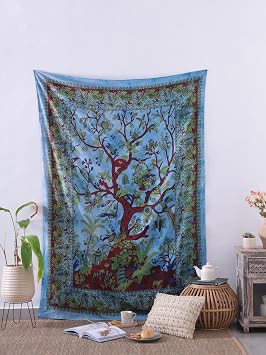 Popular Handicrafts Tree Of Life Twin Size Hippie Tie dye Psychedelic Tapestry Wall Hanging - Indian Maditation Gypsy Bohemian Hippy Dorm Room Decor Blue 53 x 78 Inch