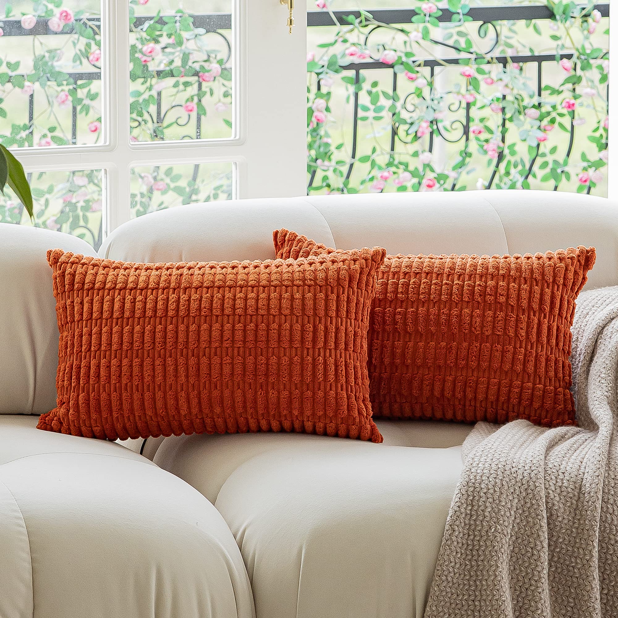 Kevin Textile Pack of 2 Fall Lumbar Throw Pillow Covers 12x20 Inch for Living Room Couch Bedroom, Autumn Decorative Soft Corduroy Rectangle Solid Cushion Case 30x50 cm, Farmhouse Boho Home Decor Rust