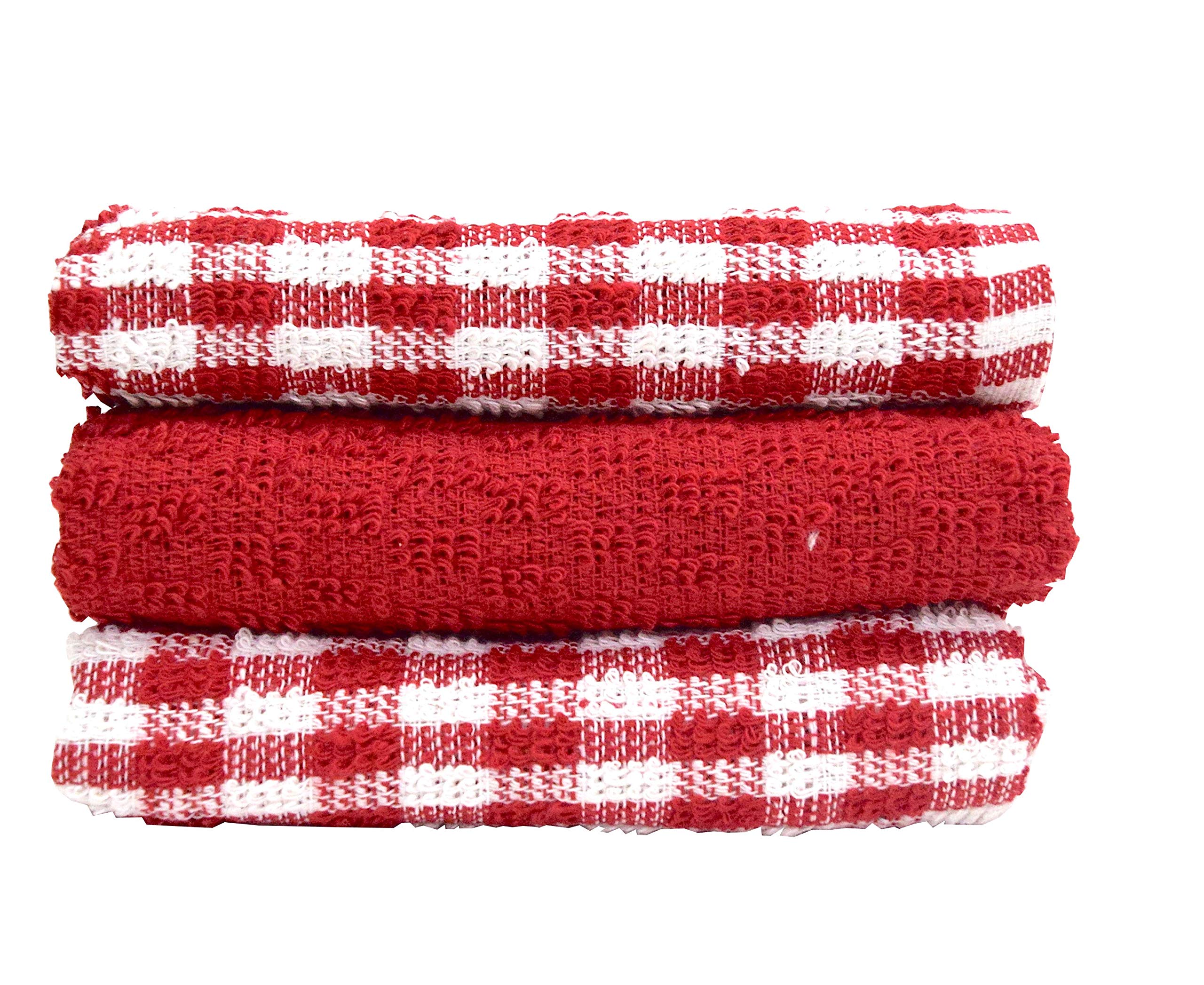 A & B TRADERS 100% Cotton Terry Tea Towels Packs (Sets of 2, 3, 6, 12 or 15) Egyptian Mono Check Superdry Soft Professional Hotel Quality Kitchen Dish Cloth (Red, 3)