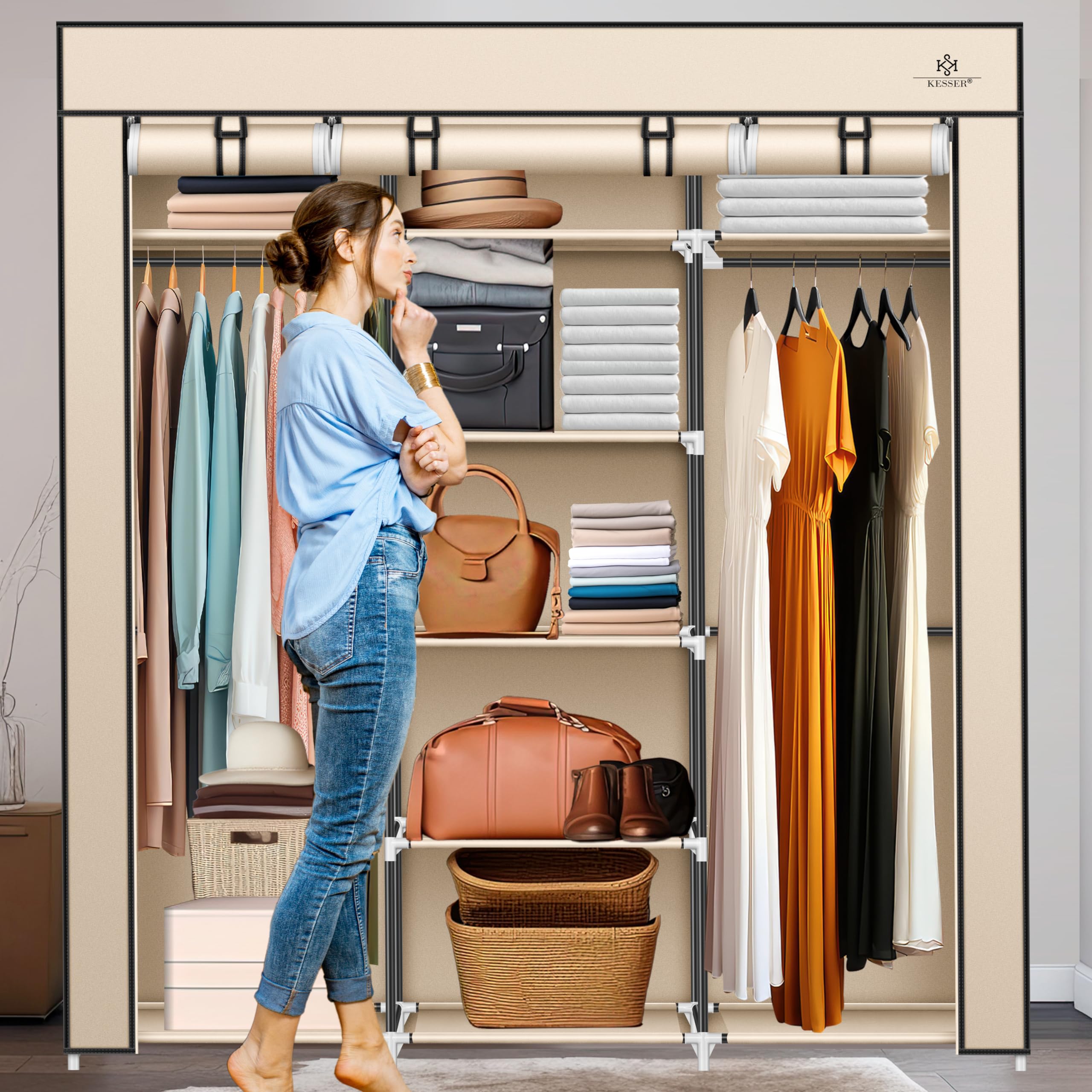 KESSER® Armario, Armario de Tela, Robusto con Barra de Colgar y estantes, Incl. 5 Perchas, Armario con Perchero, 150x45x175cm, Beige