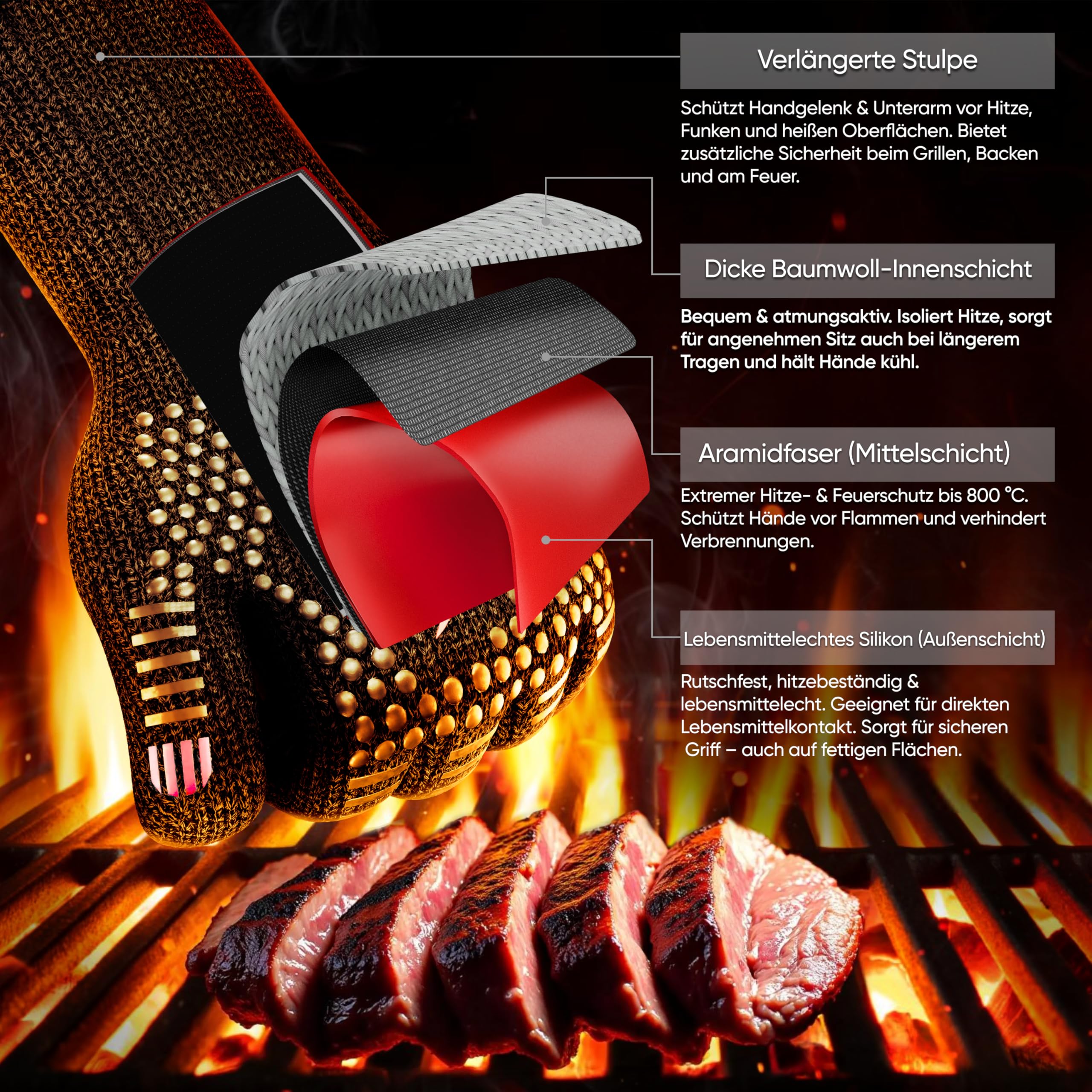 GUSSKÖNIG Grillhandschuhe hitzebeständig bis 800 Grad (X-S) - feuerfeste Handschuhe aus Aramid - Grillhandschuh Kochhandschuhe für Indoor&Outdoor Kochen (Rot)