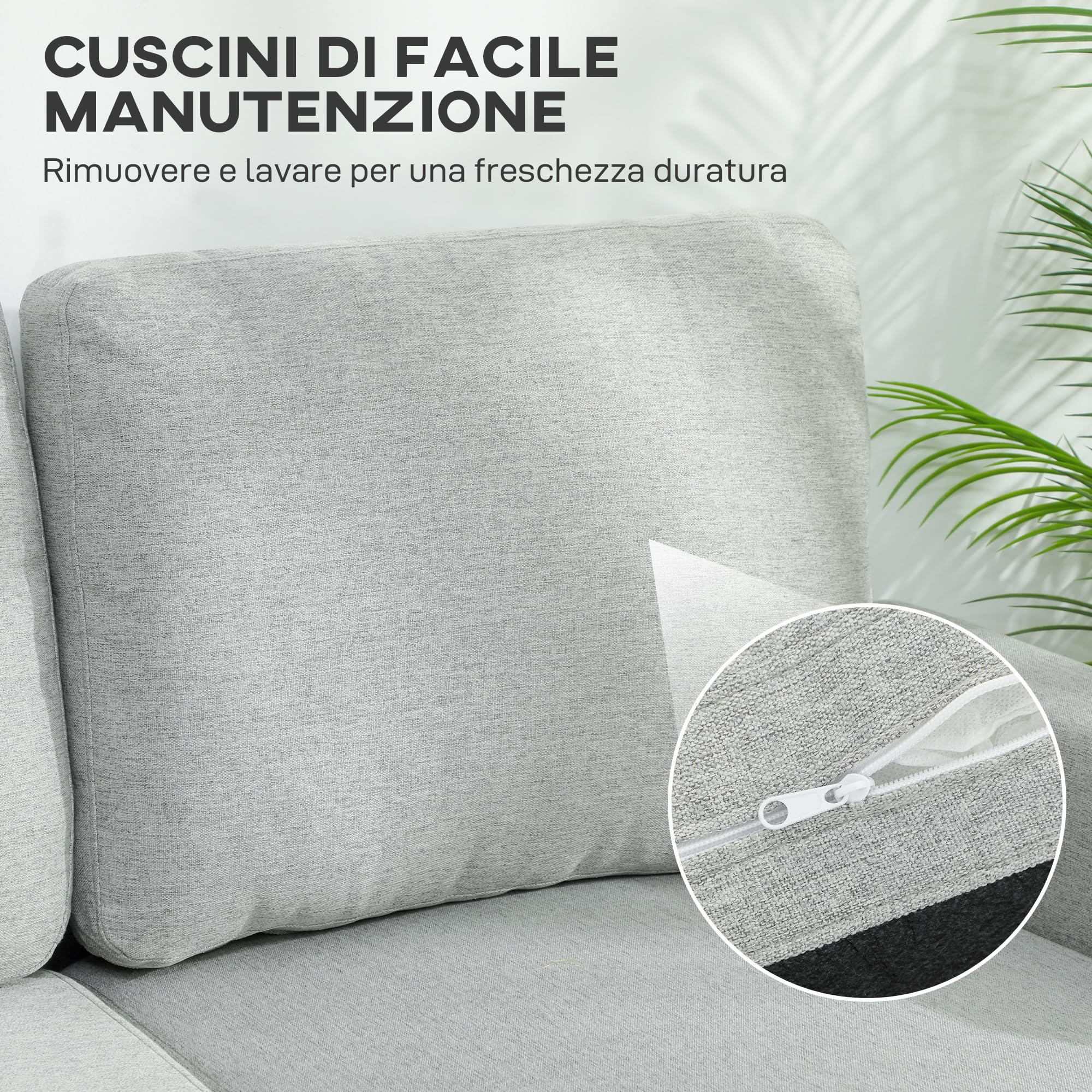 HOMCOM Divano Letto 3 Posti con Chaise Longue Convertibile, Divano Angolare con Vano Portaoggetti, Cuscini Sfoderabili in Tessuto Effetto Lino, per Soggiorno Salotto, 197x129x85 cm, Grigio Chiaro