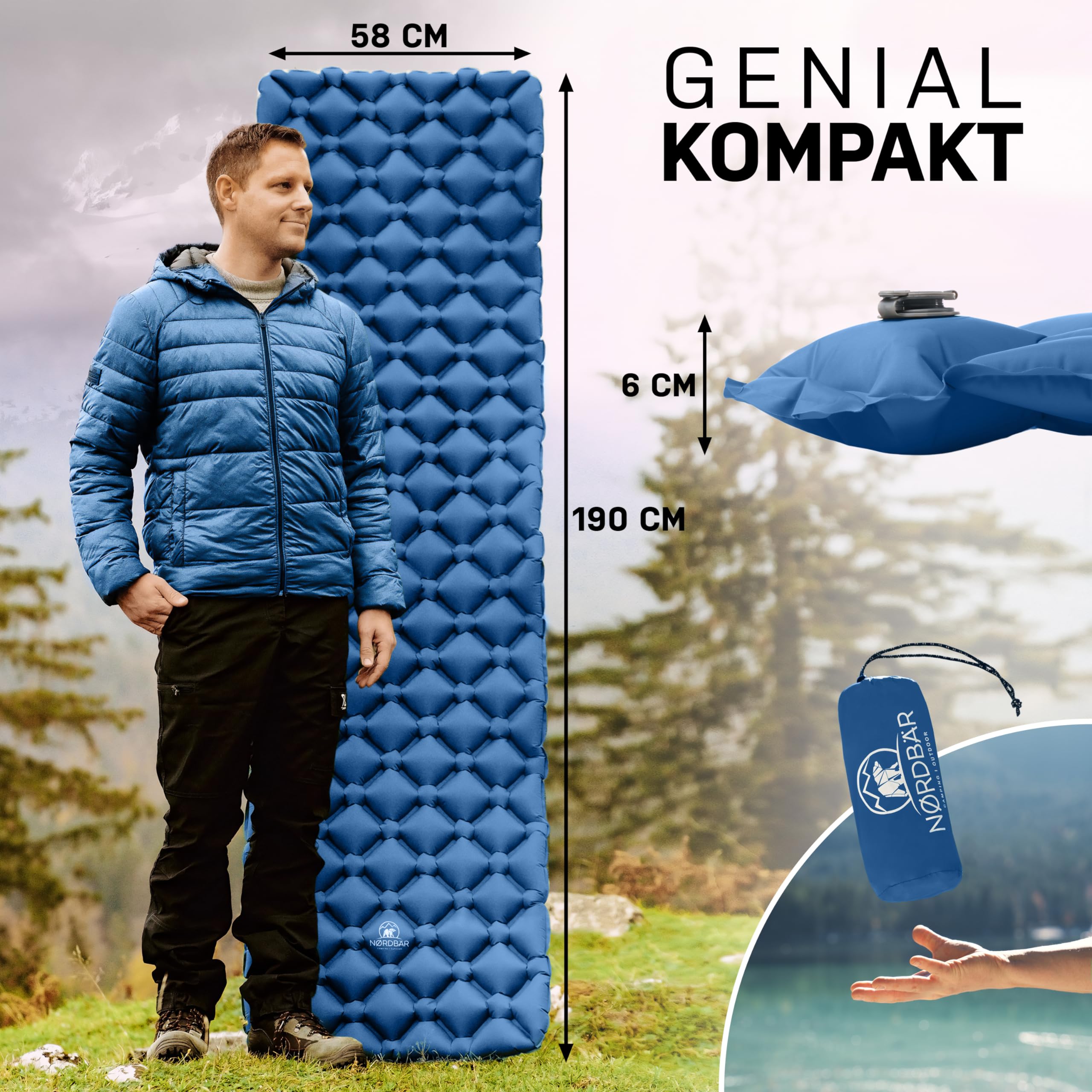 NORDBÄR® Camping Isomatte aufblasbar & Ultraleicht [mit oder ohne Kissen]| Iso Luftmatratze kleines Packmaß für Camping, Outdoor & Zelten | Campingmatte, Schlafmatratze, Reisematratze