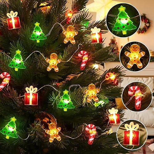 Luces de Navidad que funcionan con pilas, 32 luces LED para árbol de Navidad, árbol de jengibre, bastón de caramelo, caja de regalo, guirnalda de