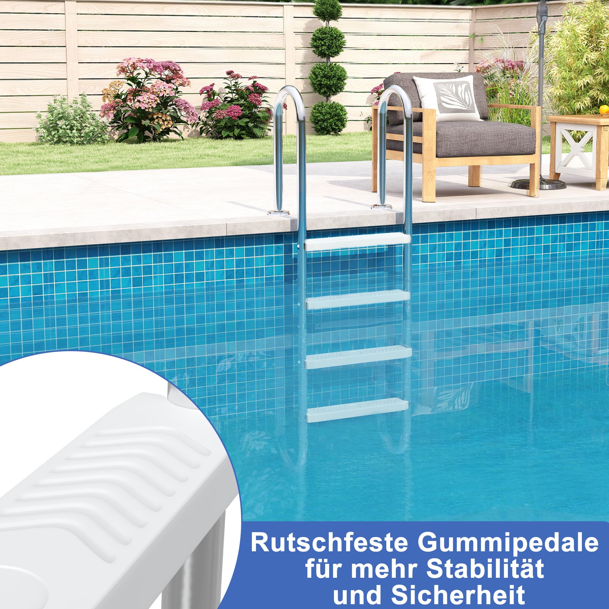 YRHome 3 Stufen Poolleiter Aus 304 Edelstahl rutschfest ABS Trittstufen Bis 150 kg Traglast,Schwimmbadleiter für Gartenpool Einbaupool Geeignet bis 130 cm Beckentiefe