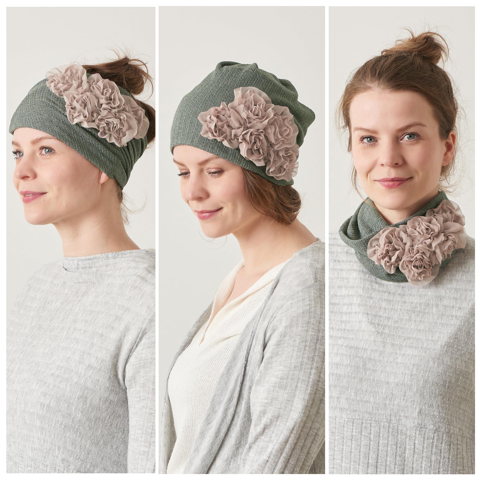 CHARM Damen 3 in 1 Multifunktionstuch - Beanie Mütze Stirnband Halstuch Loop Schal mit Blumenapplikation Sommer Winter