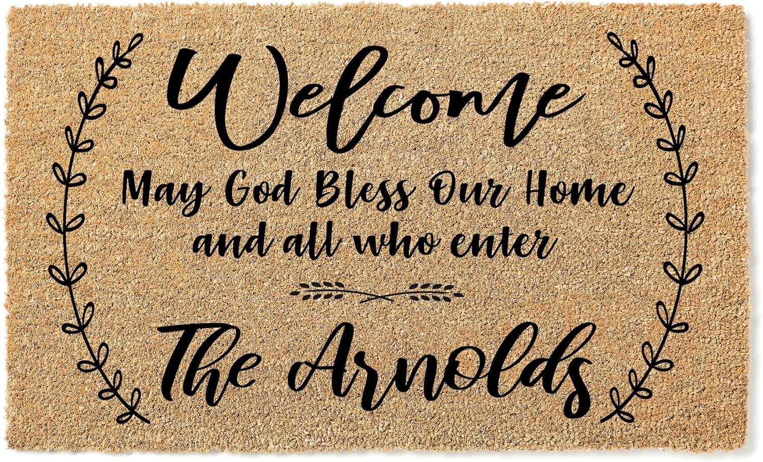 May God Bless Our Home Custom Coconut Coir Doormat v2, Personalized Doormat, Housewarming Gift, Front Door Mat, Closing Realtor Entryway Decor 1014