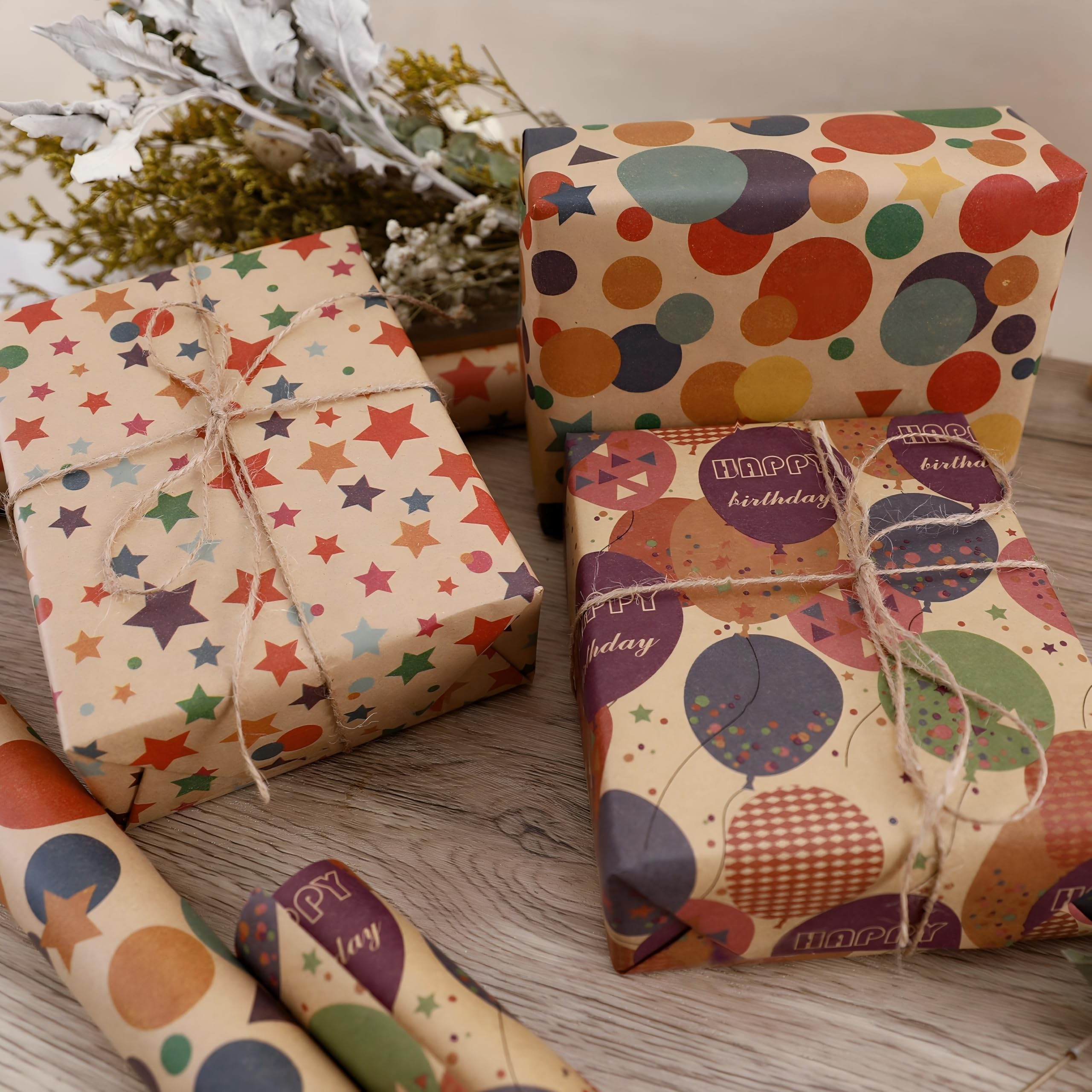 NESCCI Papel de regalo de cumpleaños, rollo de papel de regalo, papel de regalo kraft, 3 rollos de 17 pulgadas x 32.8 pies por rollo, colorido patrón de feliz cumpleaños para niños y niñas, perfecto