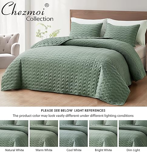 Miniatura 8 de Chezmoi Collection Destiny - Juego de edredón de 3 piezas, tamaño King, color salvia - Juego de colcha acolchada ligera de microfibra suave lavada a