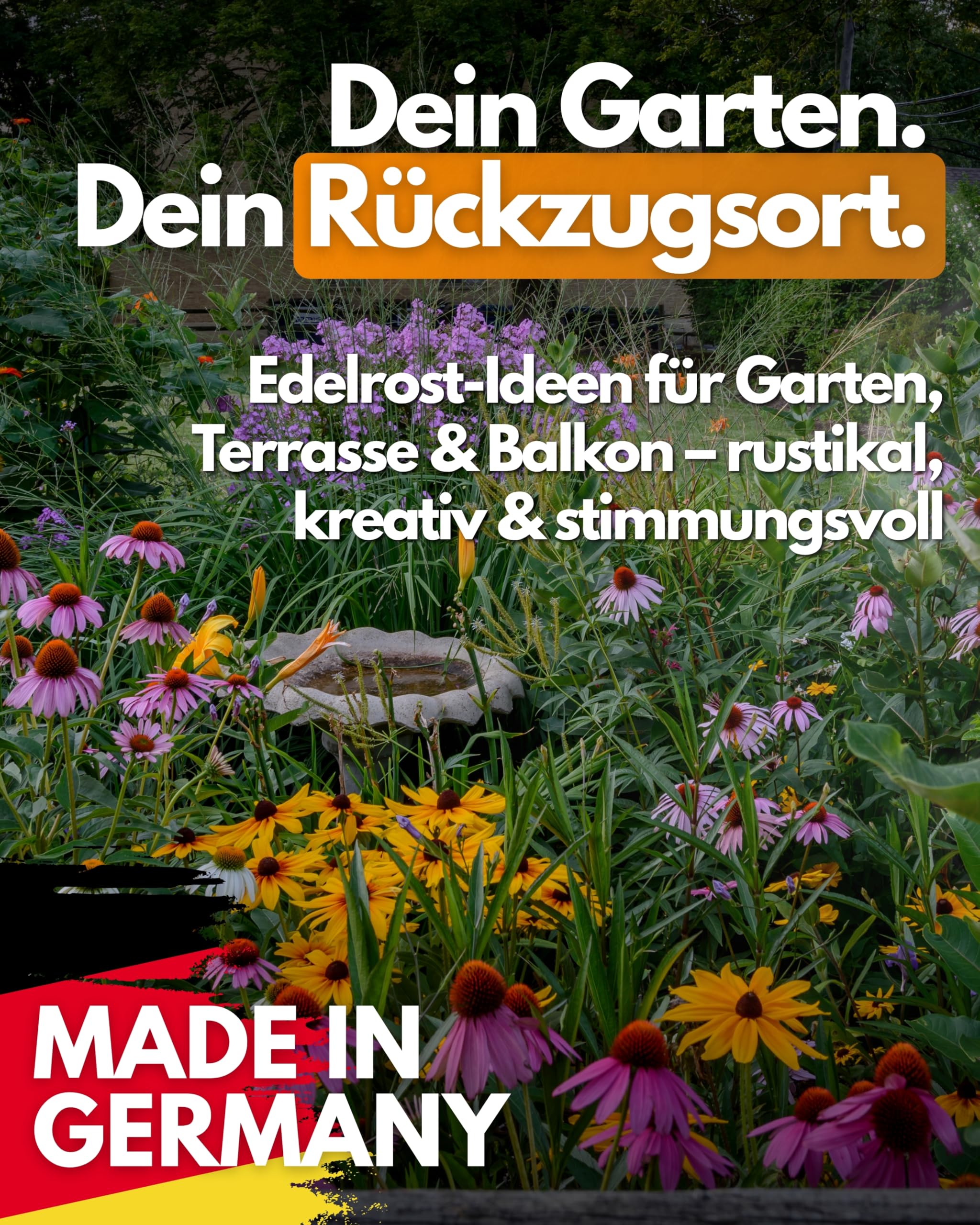 Feuerfest 123 GmbH Deko-Schild Bienen-Garten I 30x20 cm I Stilvoller Gartenstecker aus robustem 1 mm Cortenstahl I Hochwertige Edelrost-Gartendeko I Langlebiges Garten-Schild aus präziser Handarbeit