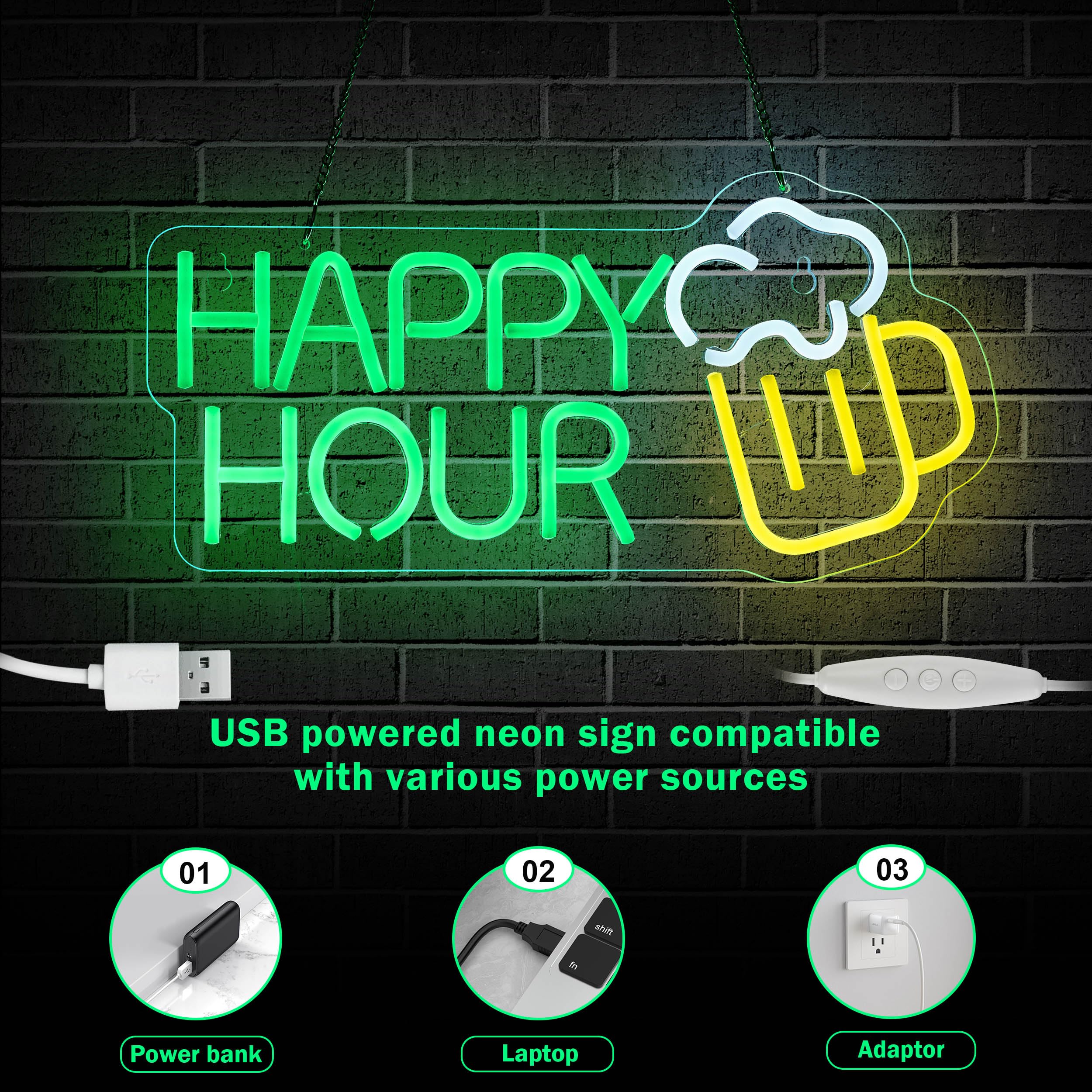 Roouneon Panneau néon LED Happy Hour à intensité variable pour bar, club, chambre à coucher, bureau, hôtel, pub, café, mariage, fête d'anniversaire, décoration murale (43,2 x 20,3 cm)