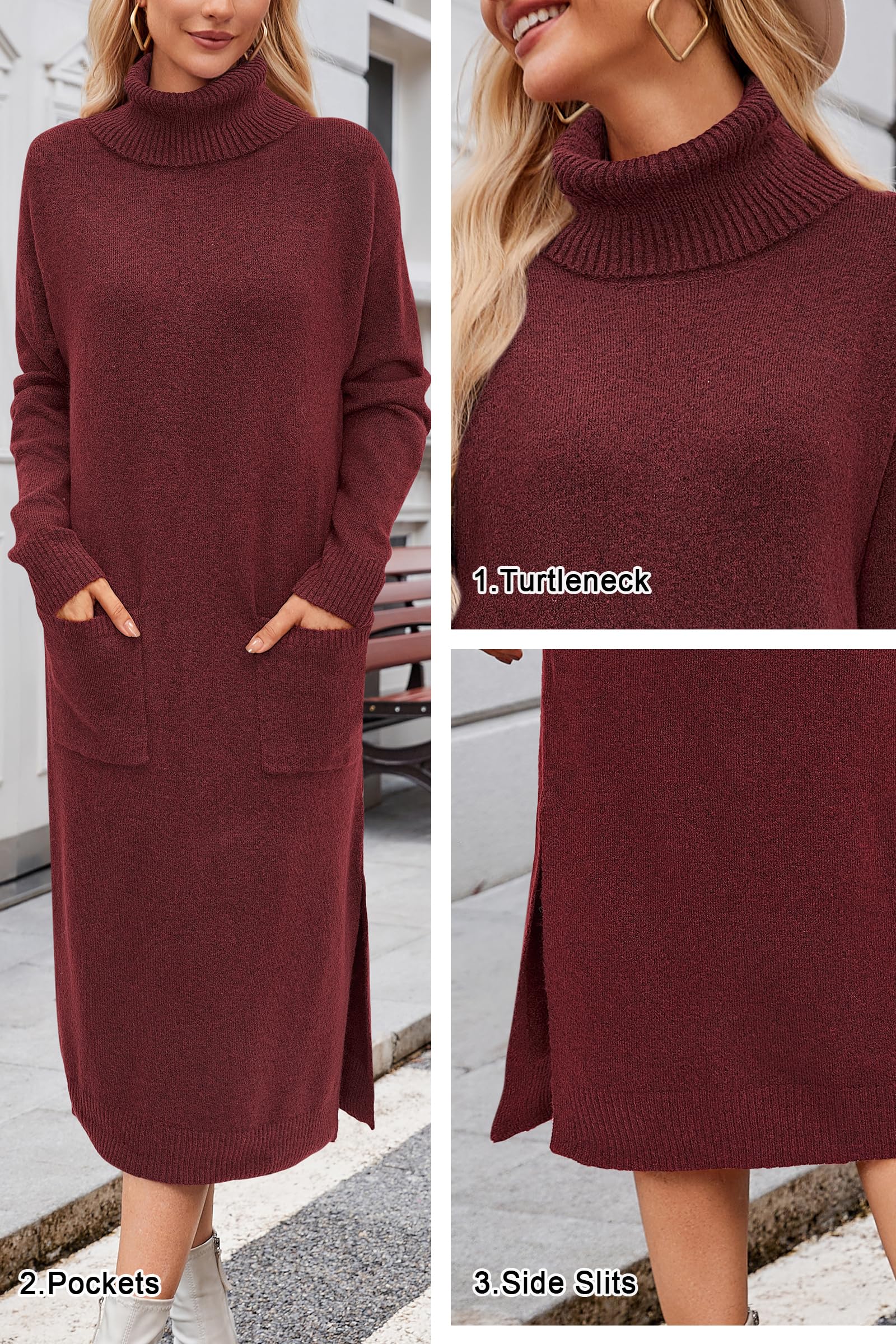 Arach&Cloz Robe tricotée Longue en Laine pour Femme, col roulé, Ample, avec Poches, pour l'automne et l'hiver