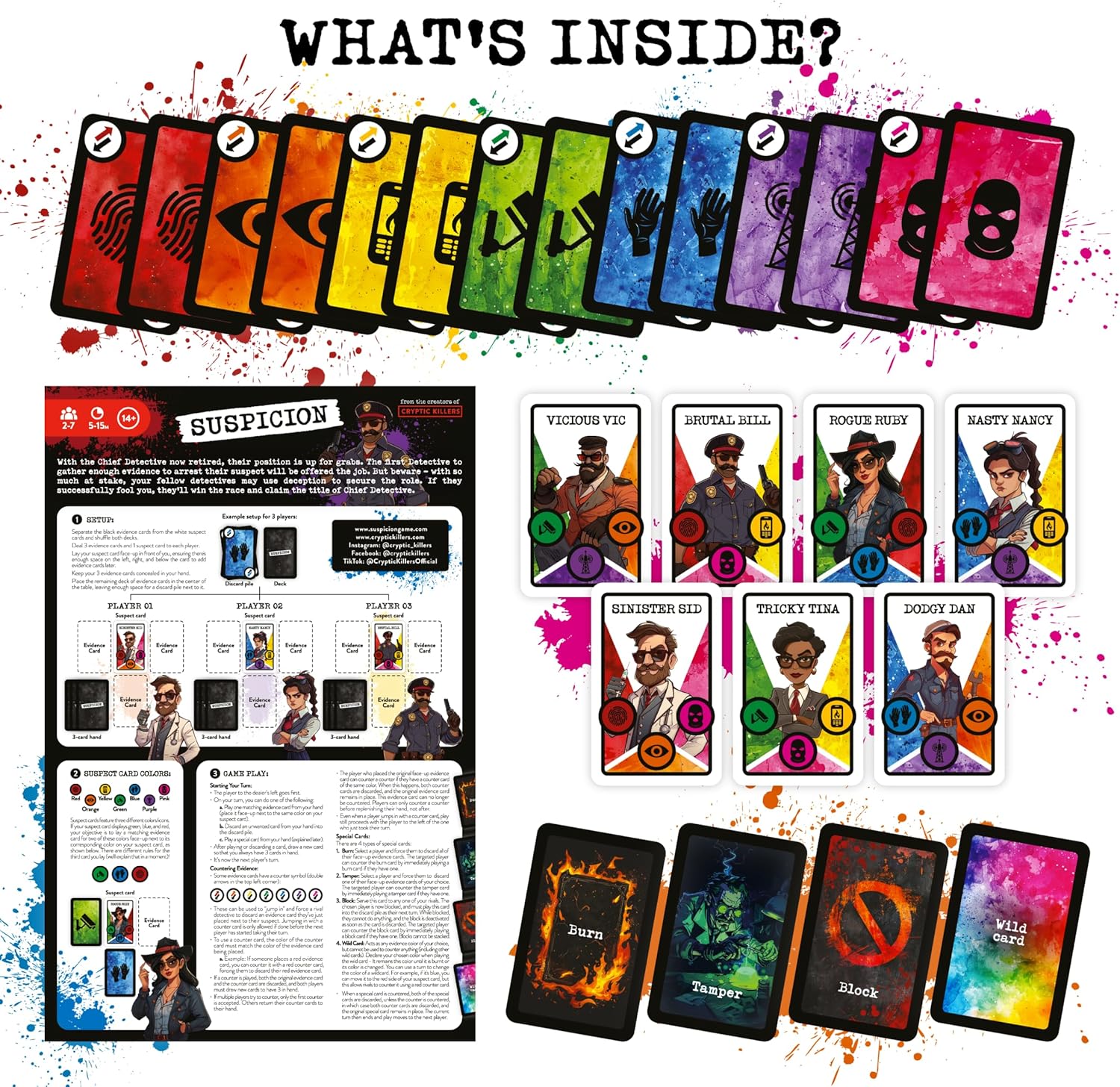 Cryptic Killers Suspicion – Playing Cards, Card Game & Travel Games for Adults, Deal and Play 2-7 Players, Detective Arrest Bluffing Strategy, 14+ Family Game Night