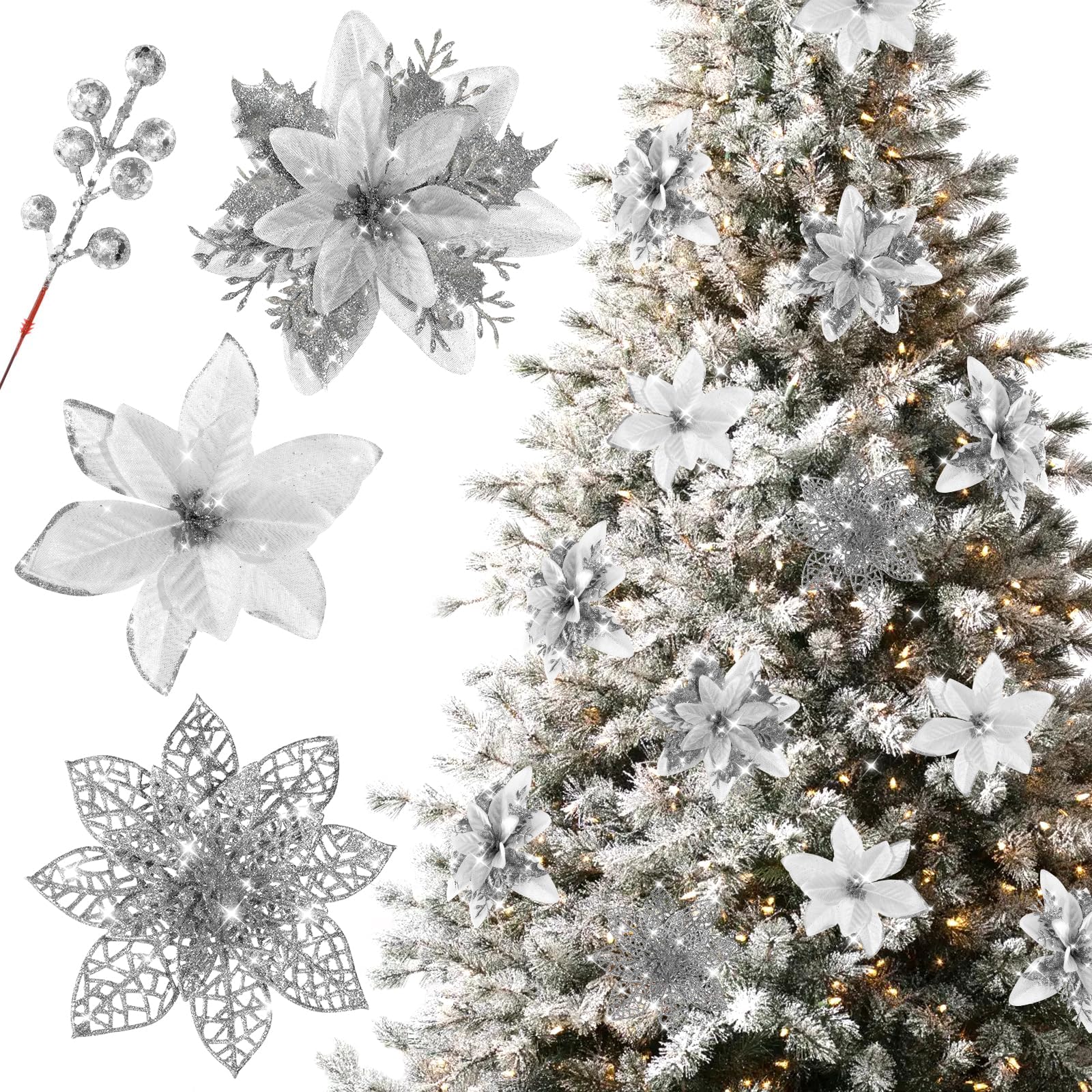 ORCHID M® 30pcs Christmas Flowers,and Christmas Glitter Berries Stems，4 different designs Poinsettia Artificial for Tree Decorations for Home (Silvery)