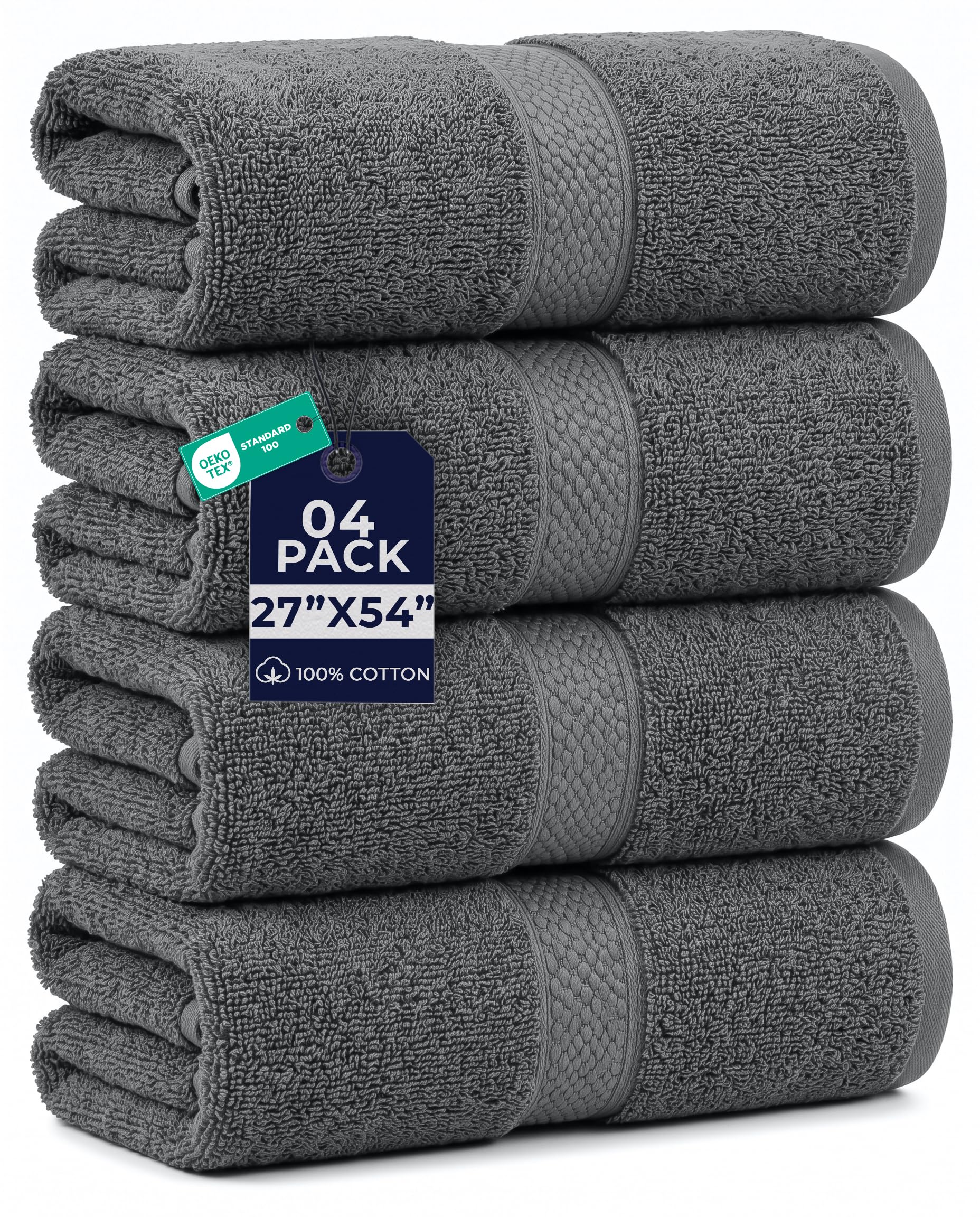DAN RIVER 600 GSM Cotton Large Bath Towels Set of 4, 27 x 54 Inches, Gray