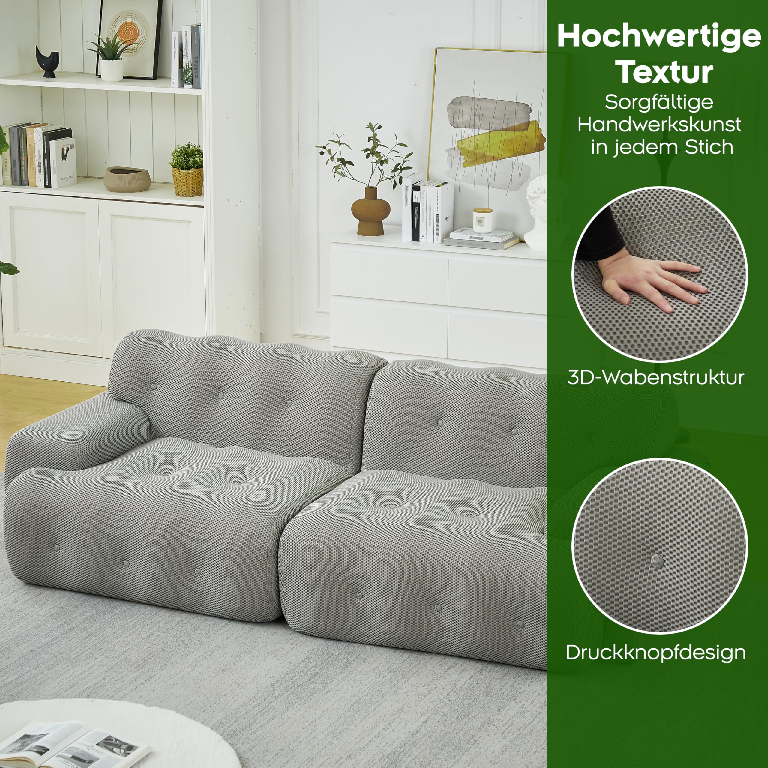 Cloud Sofa 2-osobowa, bardzo duża – modułowa sofa bez boneless z ornamentem na guziki, szerokie podłokietniki, łukowata, bez montażu, dzianina 3D, do salonu, szara