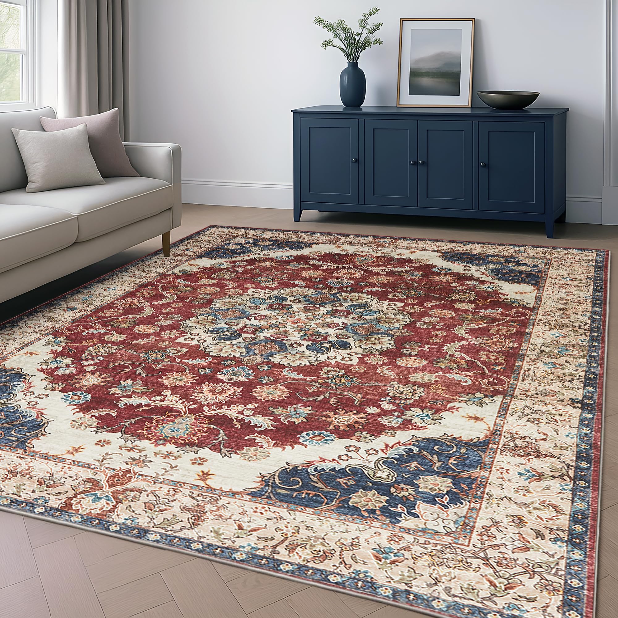Aspire Homeware Machine Washable Extra Large Gold Red Rugs Living Room 200x290 cm Low Pile Area Rugs For Bedroom, Dining Room, Soft Non Slip Carpet for Kids Room Vintage Design Boho Rug, Whisper — image 1