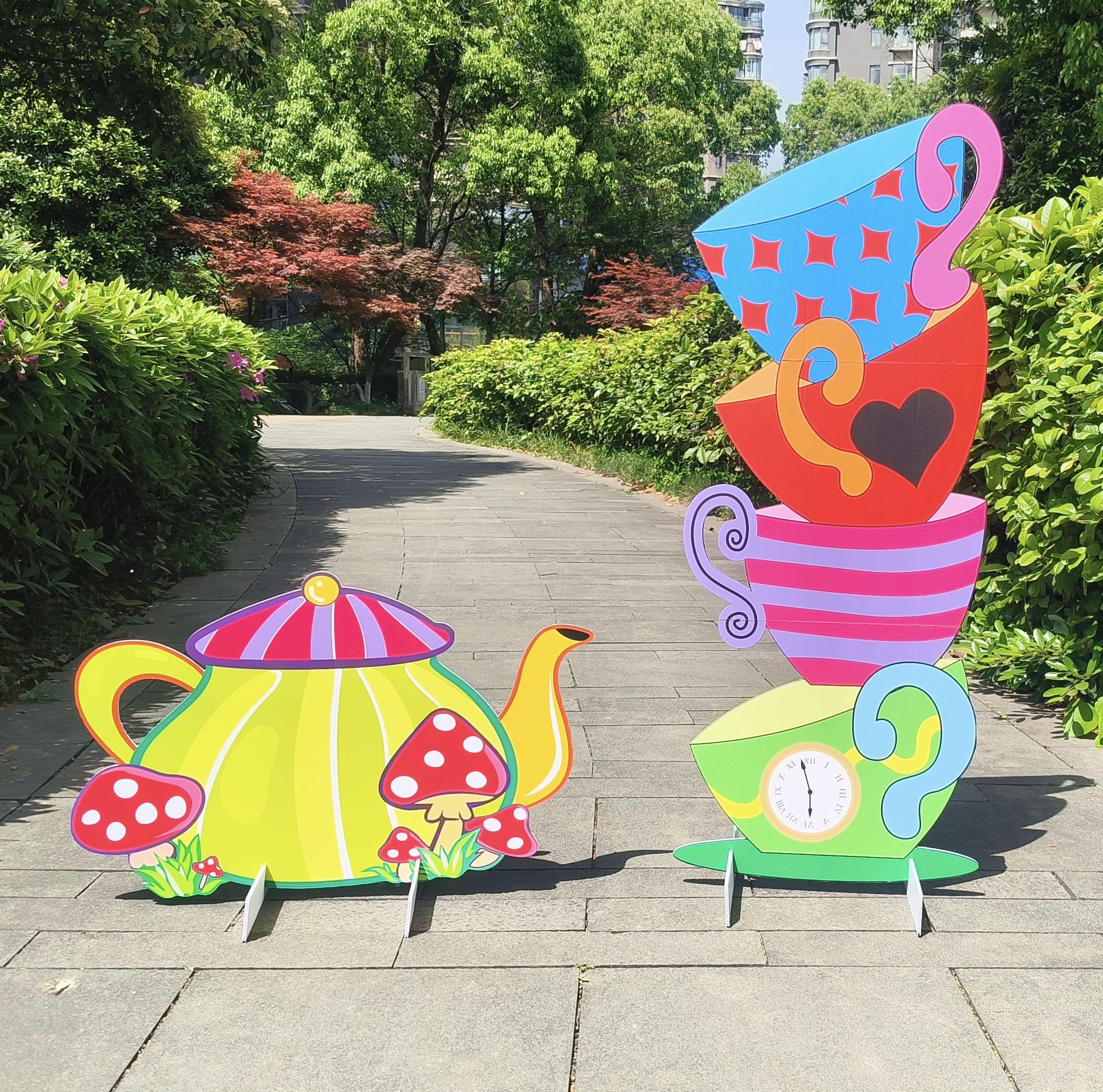 Alice Party Decorations Wonderland Yard Decor,Garden Tea Party Decorations Yard Stakes Stand Set, 1 Set Stacked Teacups and 1 Set Teapot with Brackets