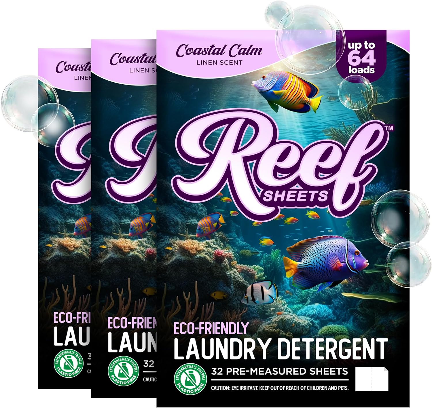 Reef Sheets Laundry Detergent Sheets, 192 loads, Hypoallergenic & Plastic-Free Eco-Friendly Packaging, Gentle on Skin, Tough on Stains, Travel-Friendly, Coastal Calm Linen Scent, 32ct (3 Pack)