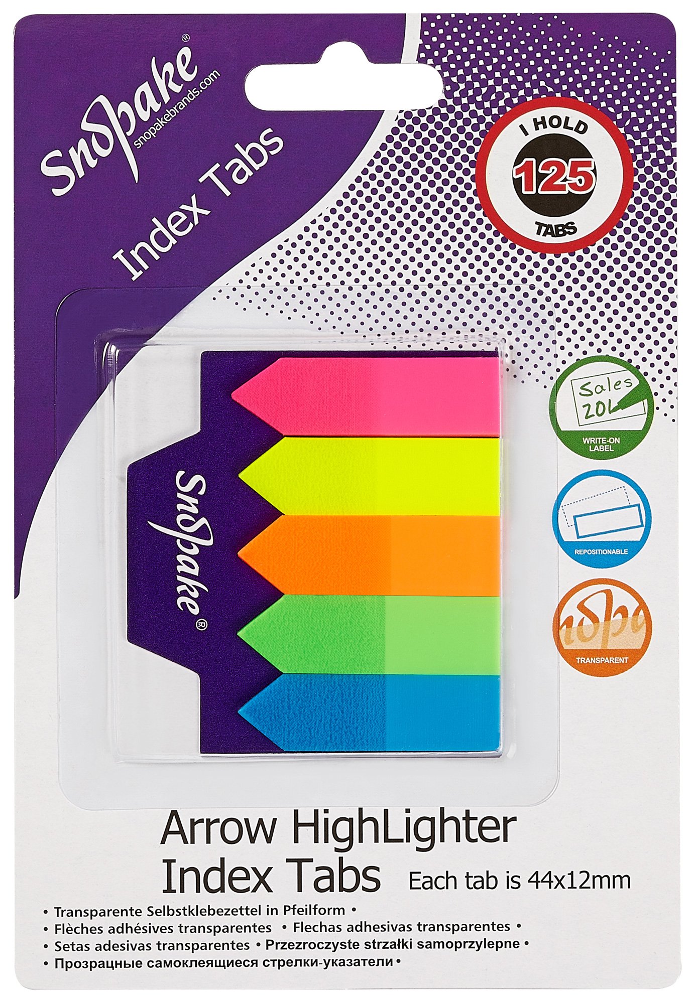 Snopake Index Tab Arrow Highlighters Transparent 44 x 12 mm - 125 Tabs - Neon Assorted [Pack of 12] Ref: 13906