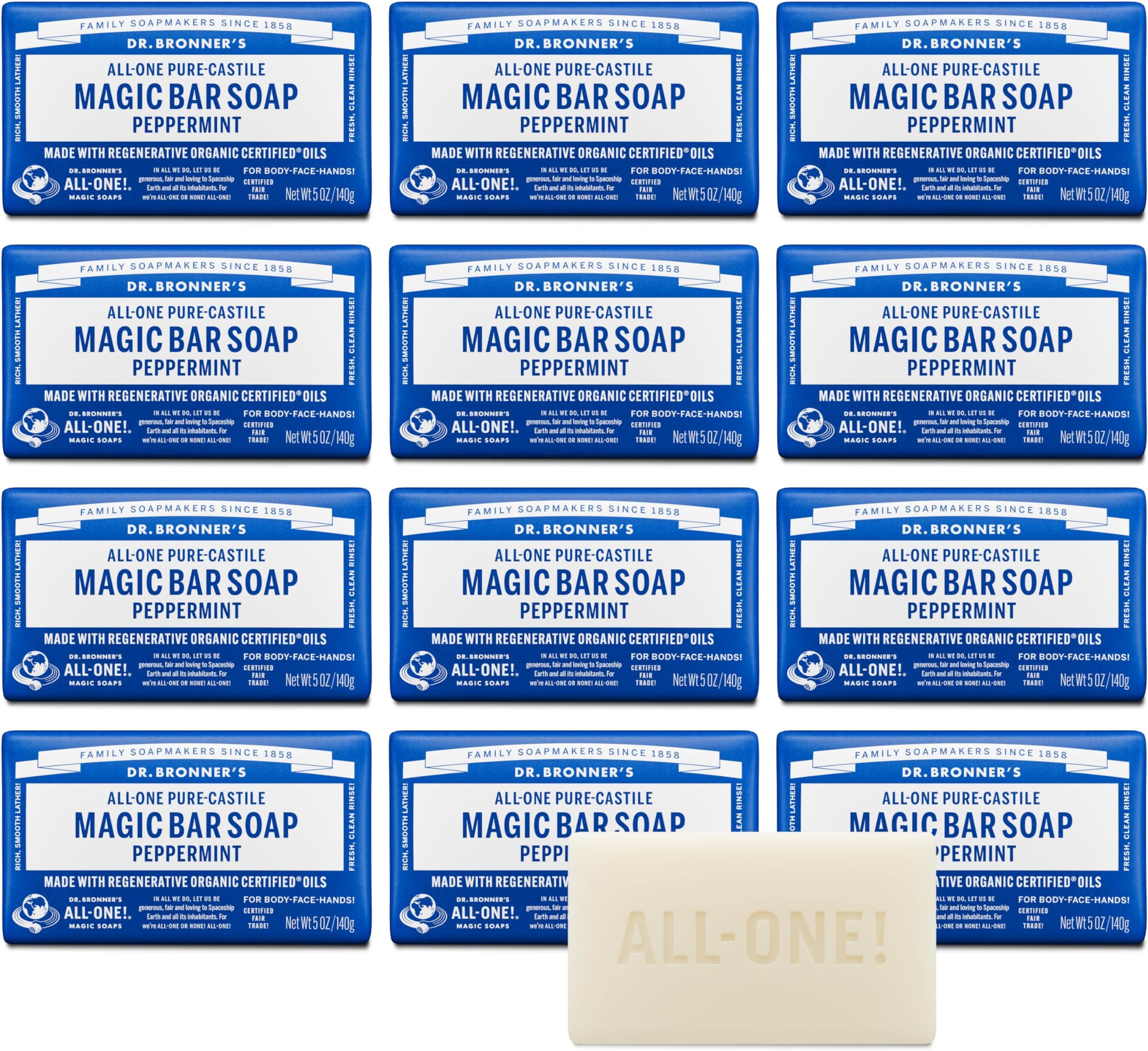 Pure-Castile Magic Bar Soap (Peppermint, 5oz, 12-Pack) – Made with Regenerative Organic Certified Oils, Soap Bars for Men & Women, Vegan, Cruelty-Free, Non-GMO