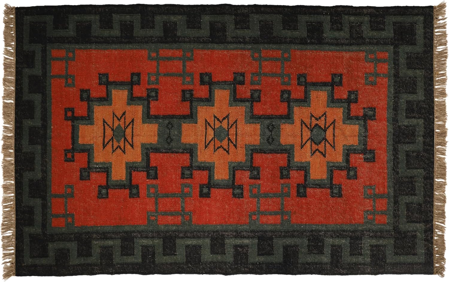 Handwoven Geometric Kilim Wool-Jute Area Rug with Vibrant Pattern and Tassels (6 X 9 FEET)