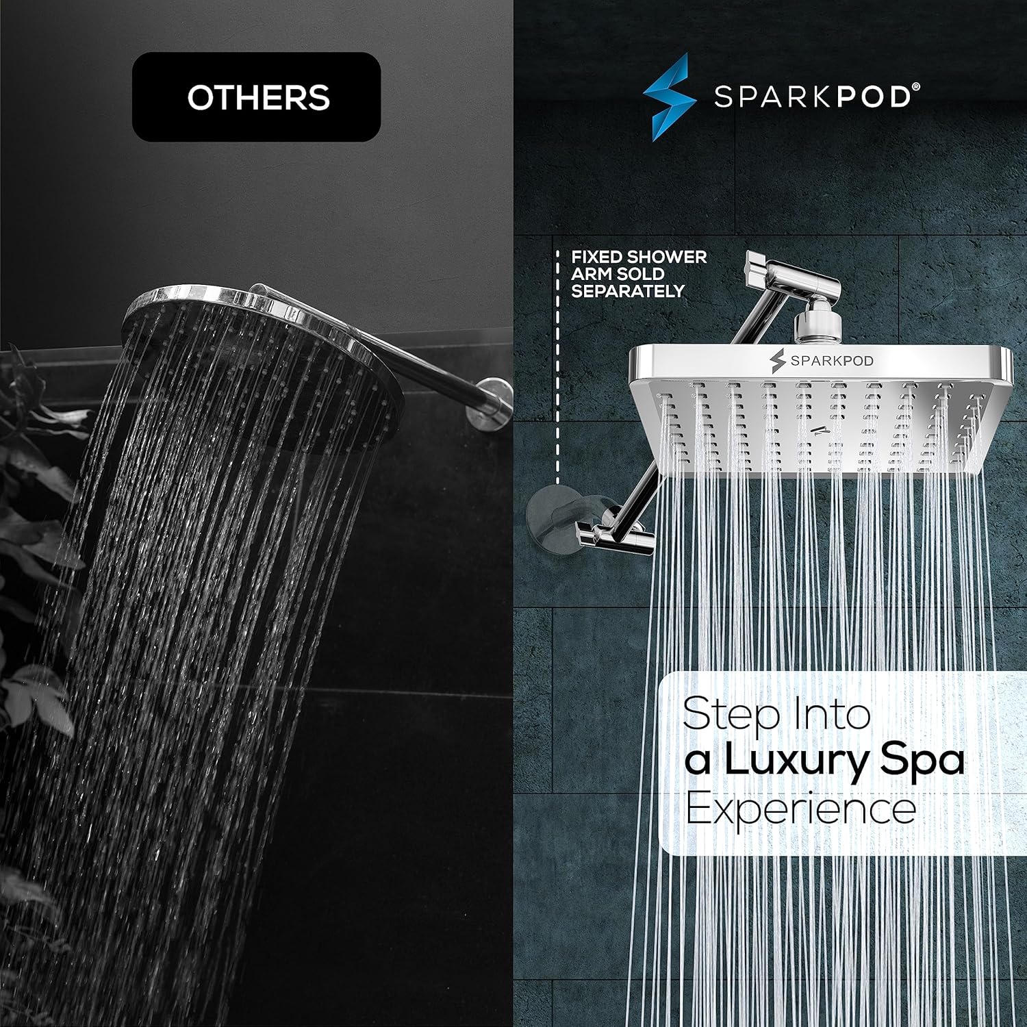 SparkPod Square Rain Shower Head with Extension Arm - Height Adjustable Shower Head with High Pressure Performance - Easy 1-Minute Installation (8" Square, Luxury Polished Chrome)