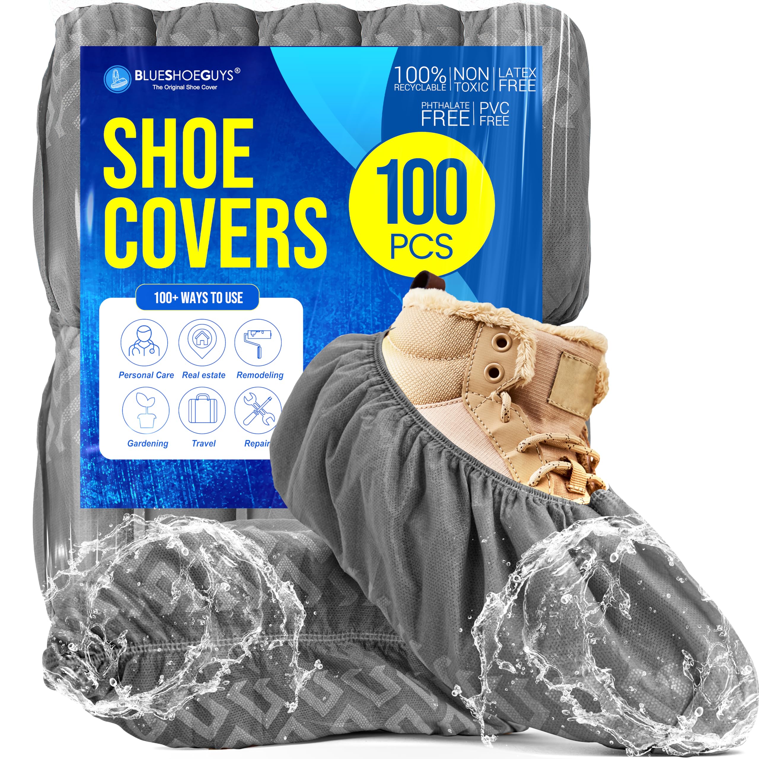 Premium Boot &amp; Shoe Covers Disposable Booties - 100 Pack - Durable, Non-Slip, Non-Toxic, Water Resistant, Recyclable Protectors for Indoor &amp; Outdoor - Large Size Fits Most Shoes