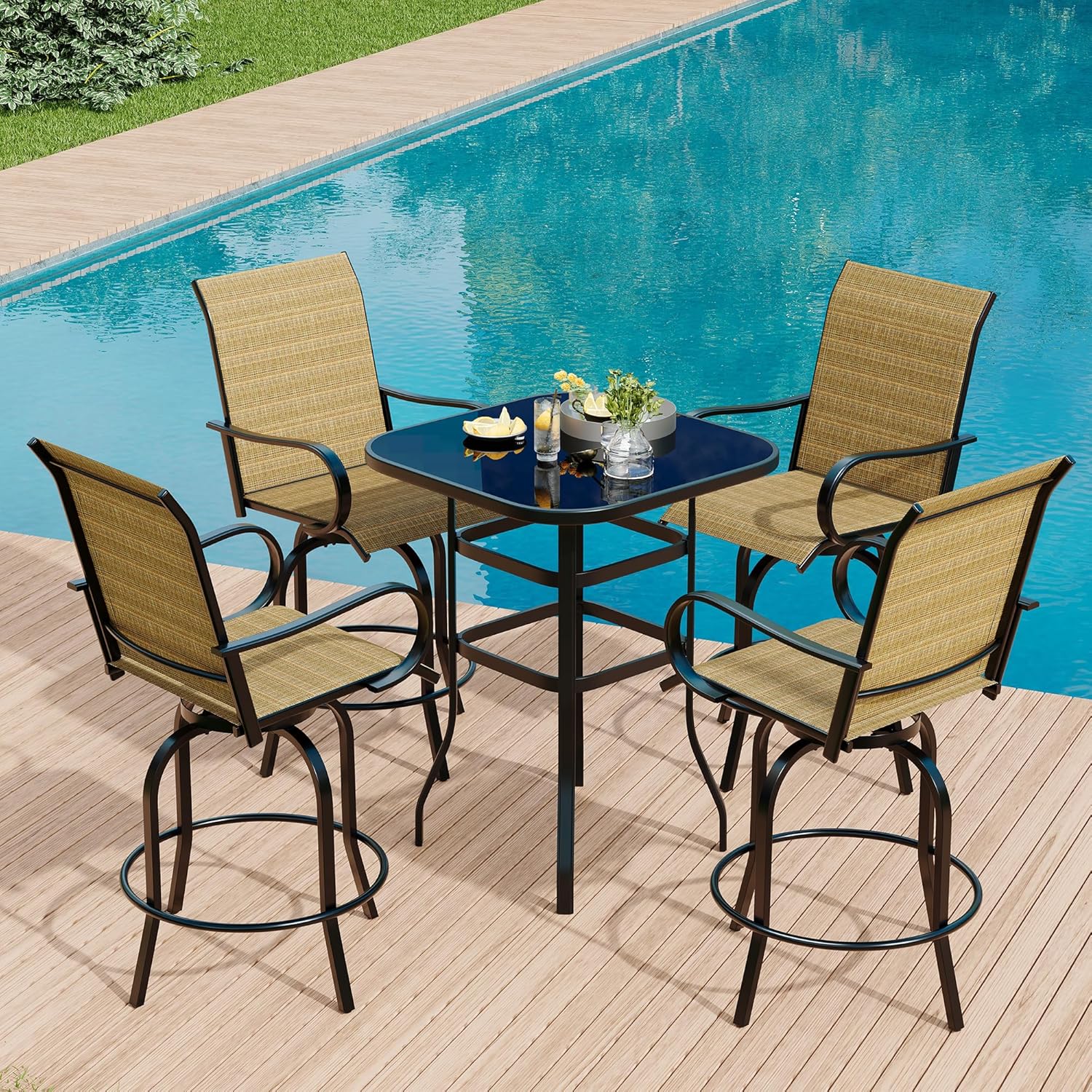 2 PCS Outdoor Swivel Bar Stools Set, All Weather High Back and Armrest Patio Chairs for Deck, Patio High Swivel Bar Stools
