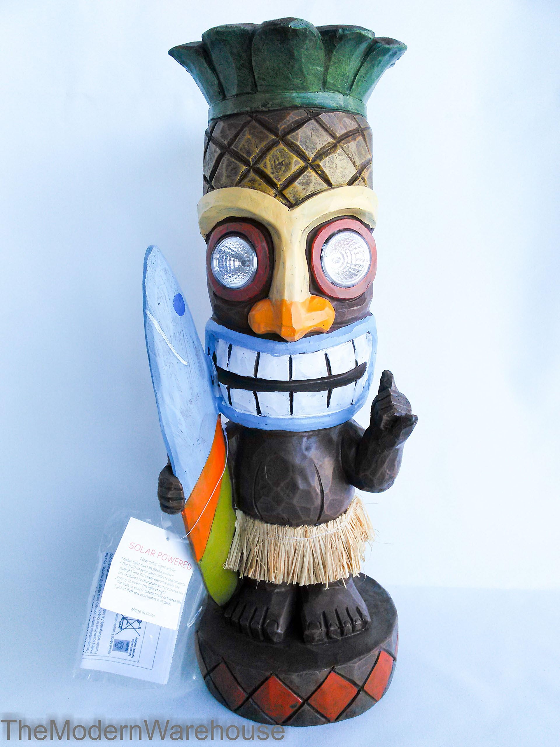 Tiki Statue Pineapple Head Outdoor Statues Surf Board Solar Light Luau Party Decorations Garden Figurine Large 18" Solar Powered