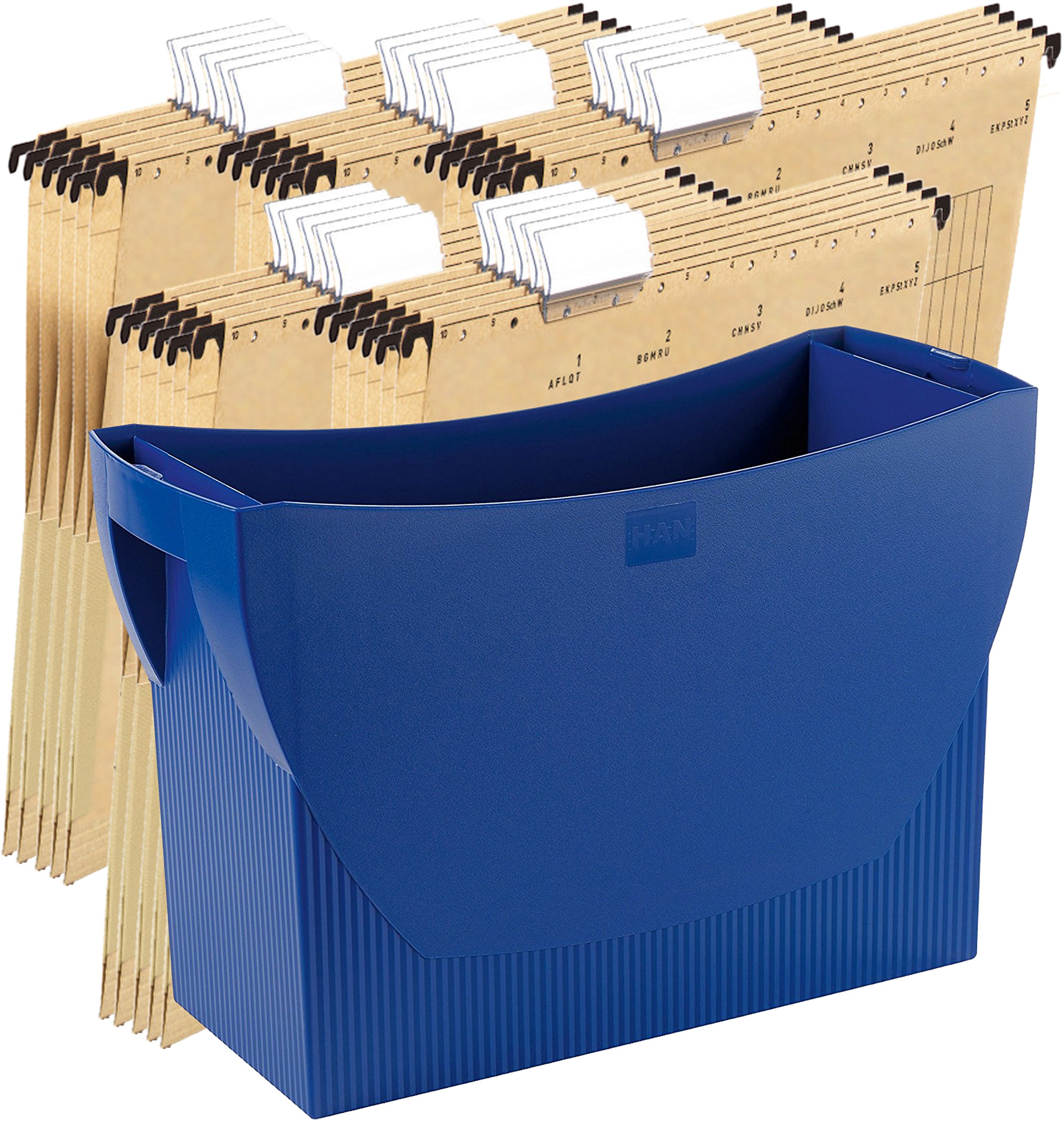 HAN Hängemappenbox SWING, Das mobile Büro. Innovatives Design für 20 Hängemappen, integrierter Köcher (Blau + 25 Mappen)