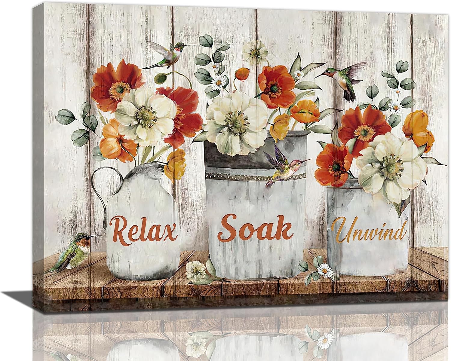 Farmhouse Flower Bathroom Decor Wall Art Rustic Country Red Floral Hummingbirds