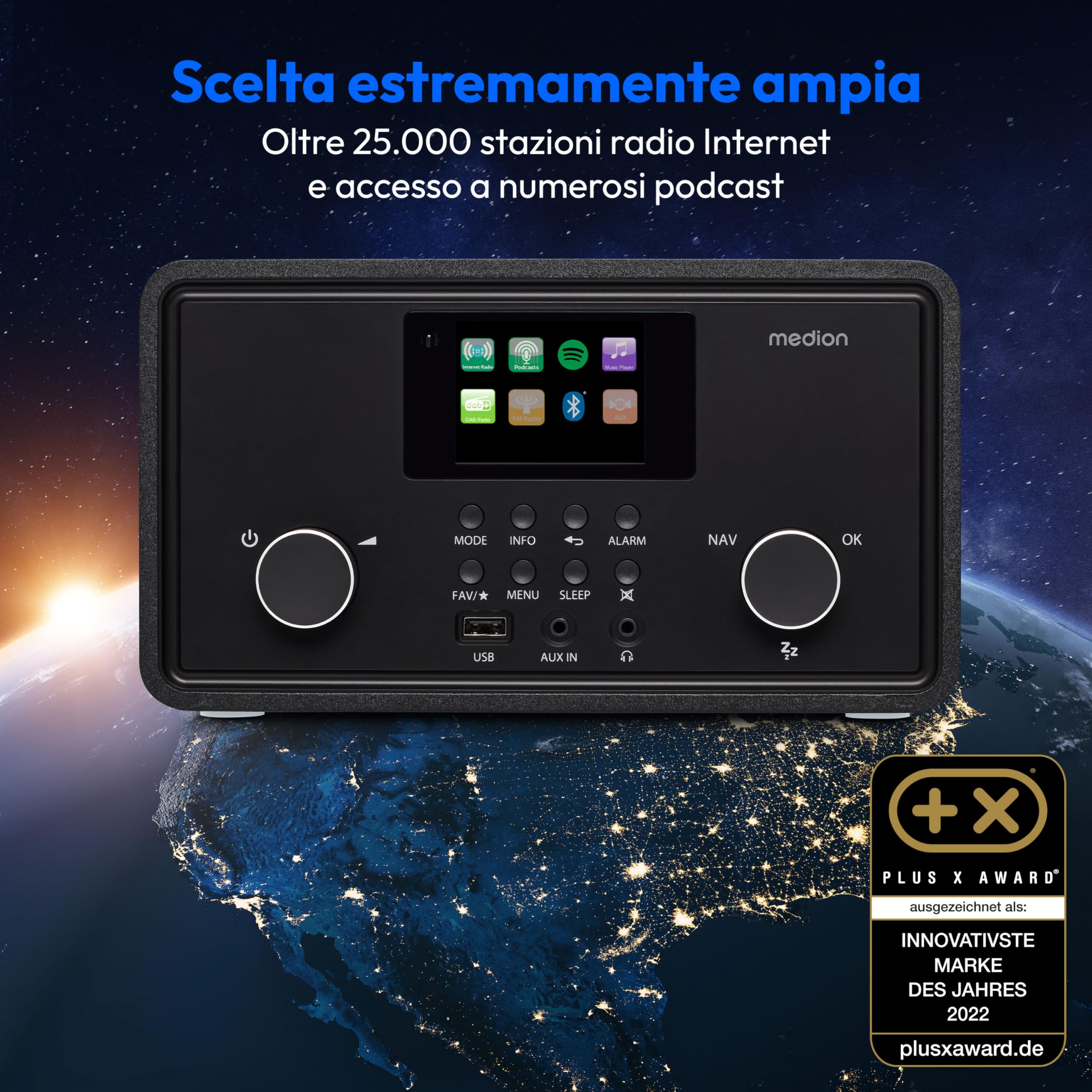 MEDION P85027 Internet radio DAB Plus FM Spotify Connect WLAN Bluetooth streaming equalizzatore display a colori USB AUX sveglia snooze sleep timer nero