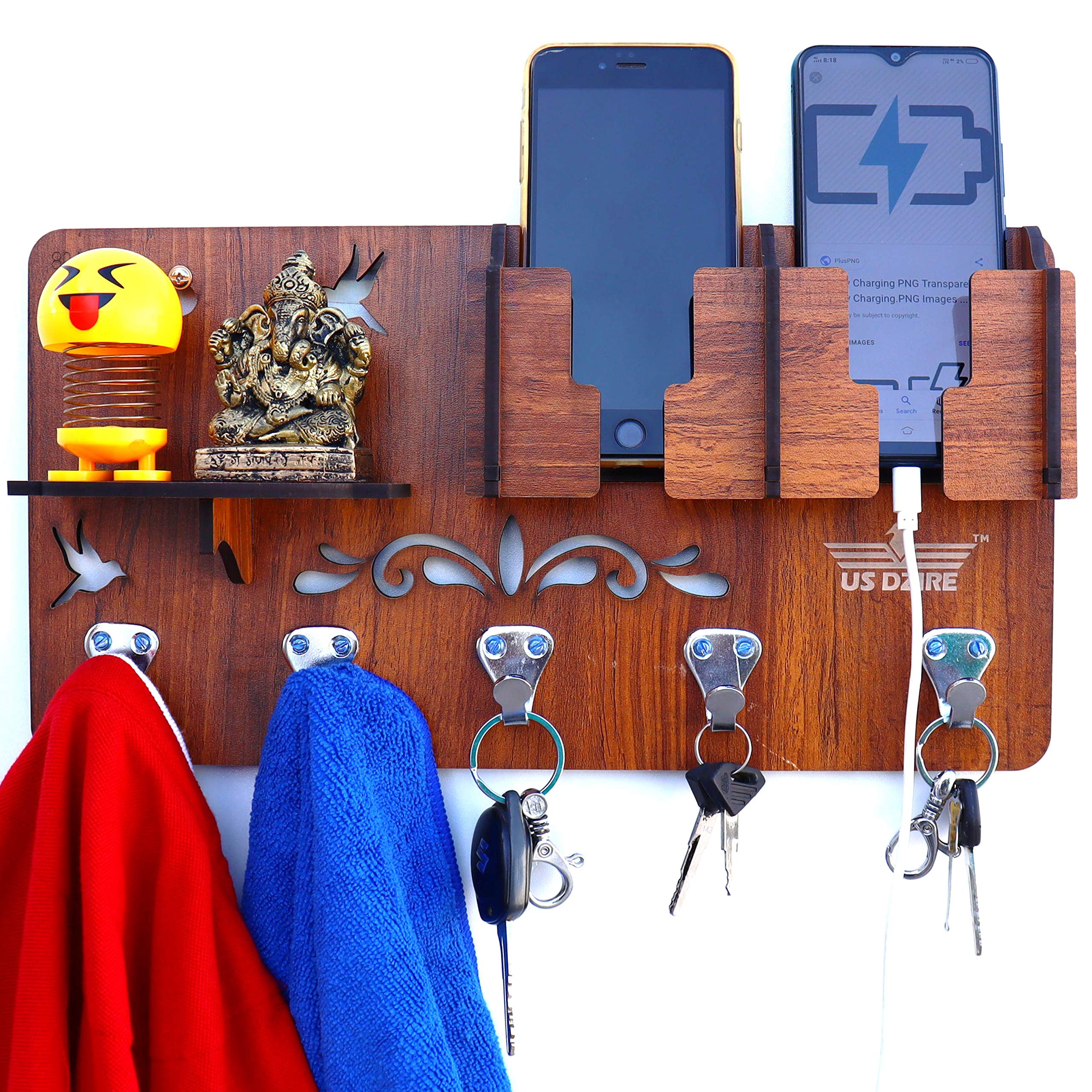 US DZIRE - THE BRAND OF LIFESTYLEUS DZIRE - THE BRAND OF LIFESTYLE 804 Wall Mount Wooden Key Holder with Shelves. | Stylish Home Decorative Living Room Decor |