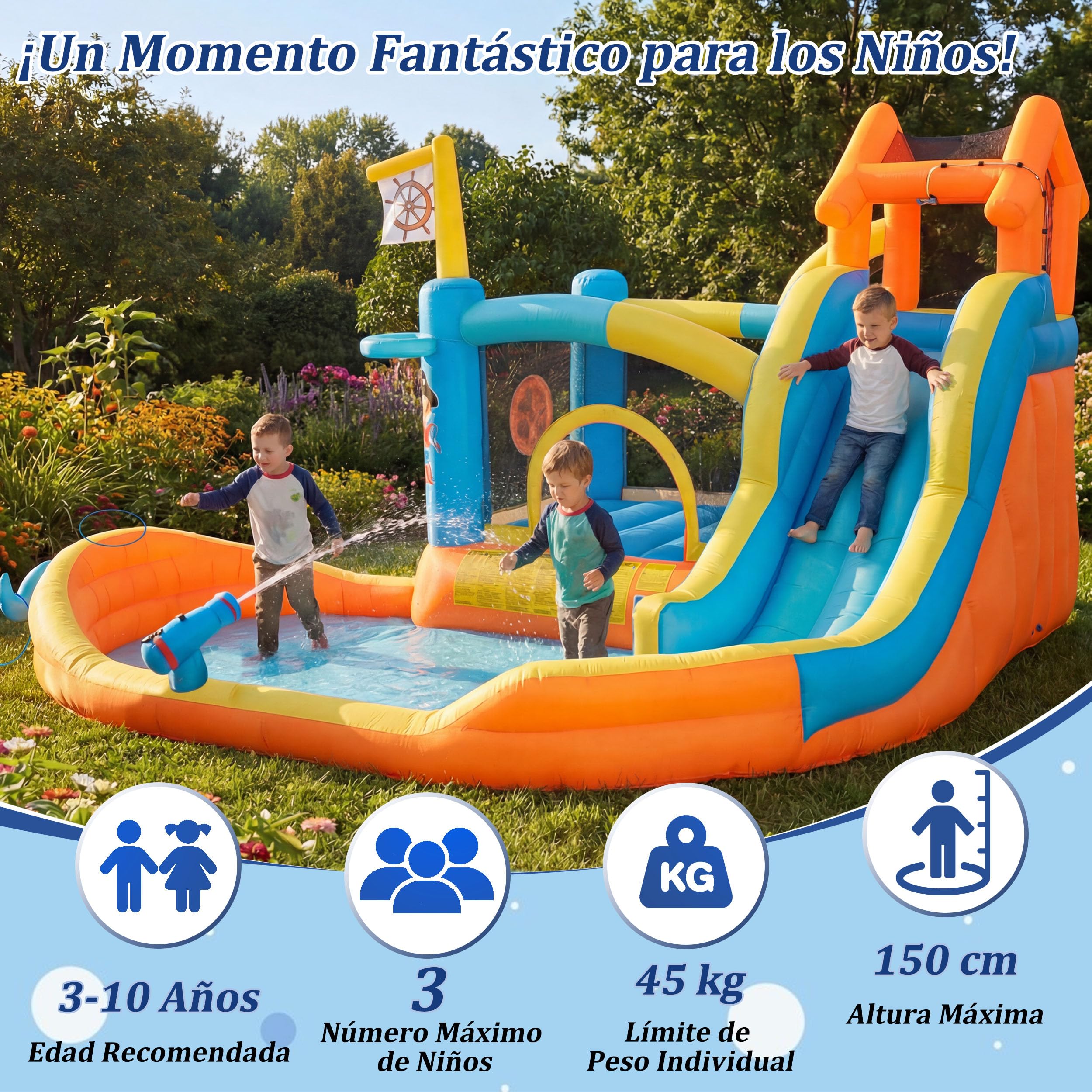 UEV Parque Hinchable 8 en 1 para Niños con Ventilador, 414 x 364 x 244 cm | Parque Infantil Temático Náutico con Tobogán y Pistola de Agua, Castillo Hinchable Interior y Exterior para Niños 3-10 Años