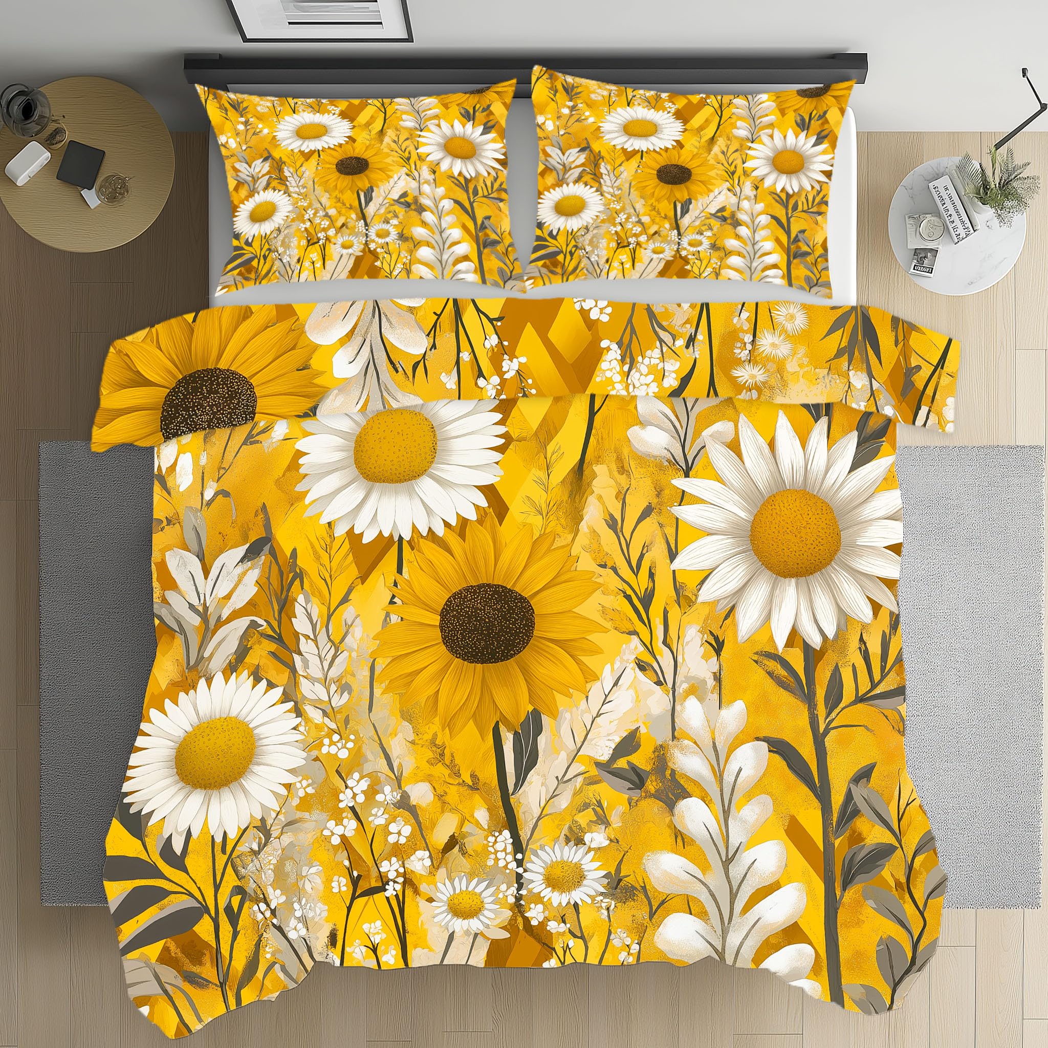 Housse de couette 140x200 jaune et blanc parure de lit 1 personne fermeture éclair microfibre