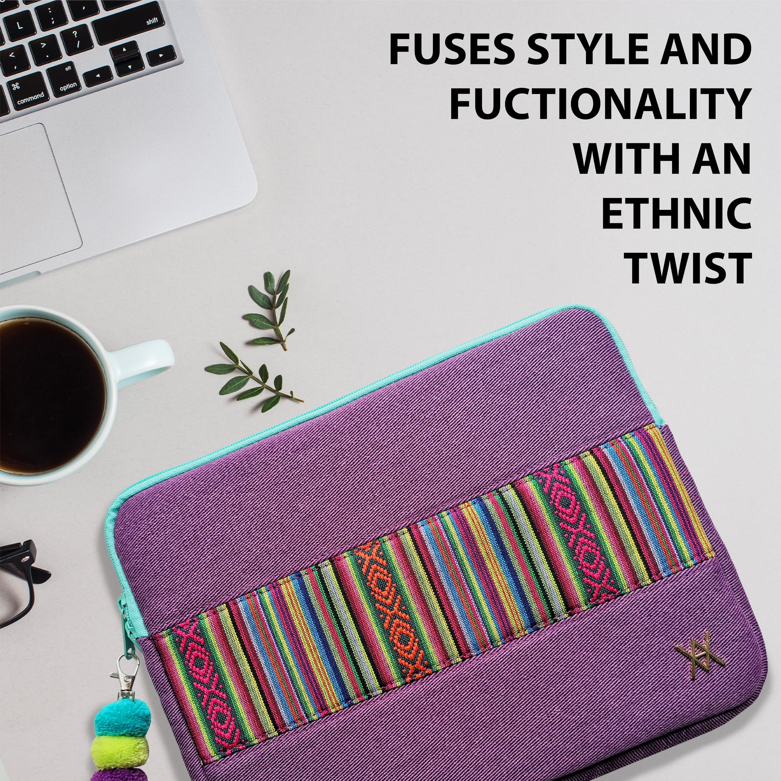 WONDEE Maletín Funda Portátil 15,6/16 Pulgadas Diseño de Tela Bordada Estilo Étnico y Original Tirador - Funda para Ordenador Portátil Macbook Pro 16 Pulgadas Acolchada y Reforzada con Cremallera