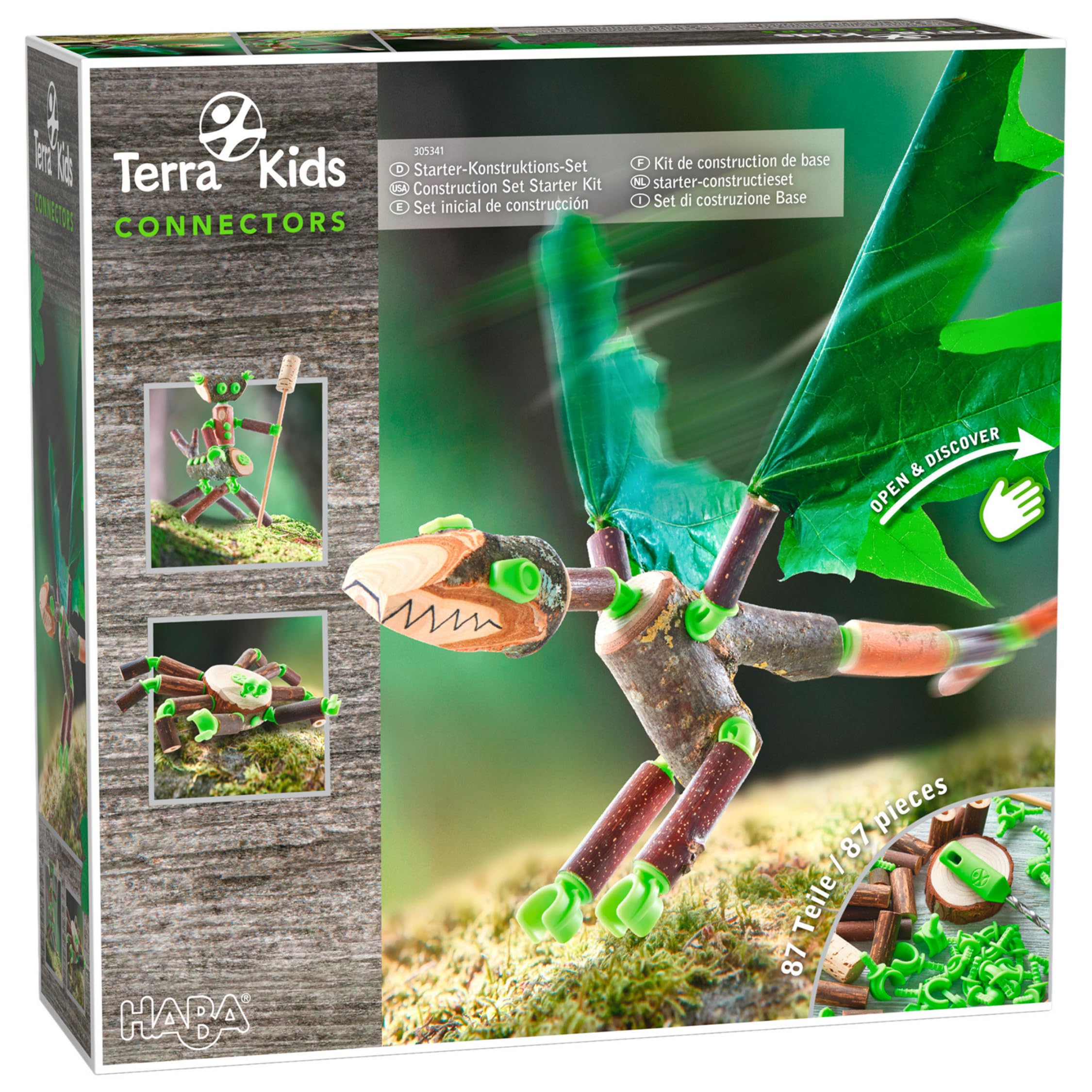 HABA Terra Kids Connectors – Starter-Konstruktionsset für Kinder - Holz-Bastelset mit Kunststoff-Verbinder und Handbohrer – Natur-Baukasten für kreatives Bauen von Figuren