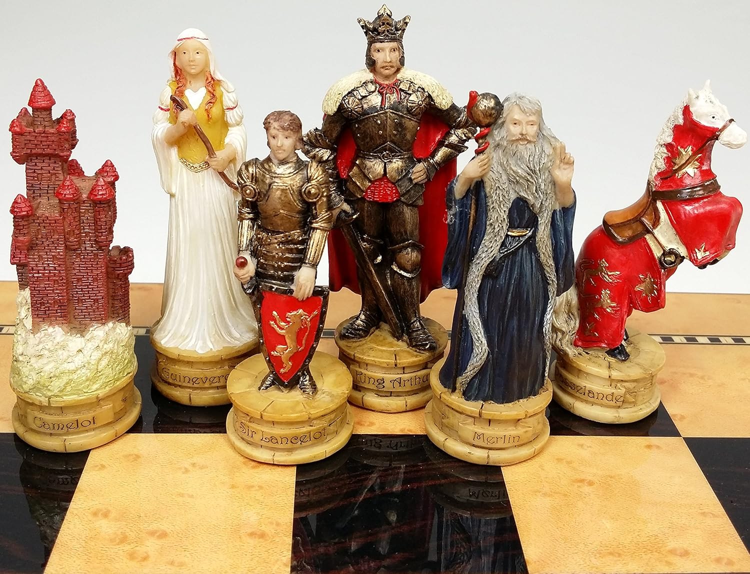 Medieval Times King Arthur/Lancelot Camelot Knights Chess Men Set W/ 15" High Gloss Dark Walnut & Birdseye Maple Color Board