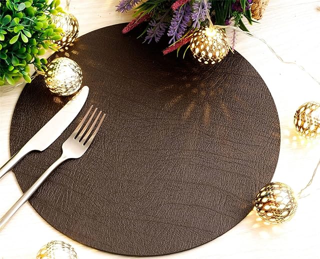 Set of 6 Classic Brown Leatherboard Round Placemats - Made in the UK
