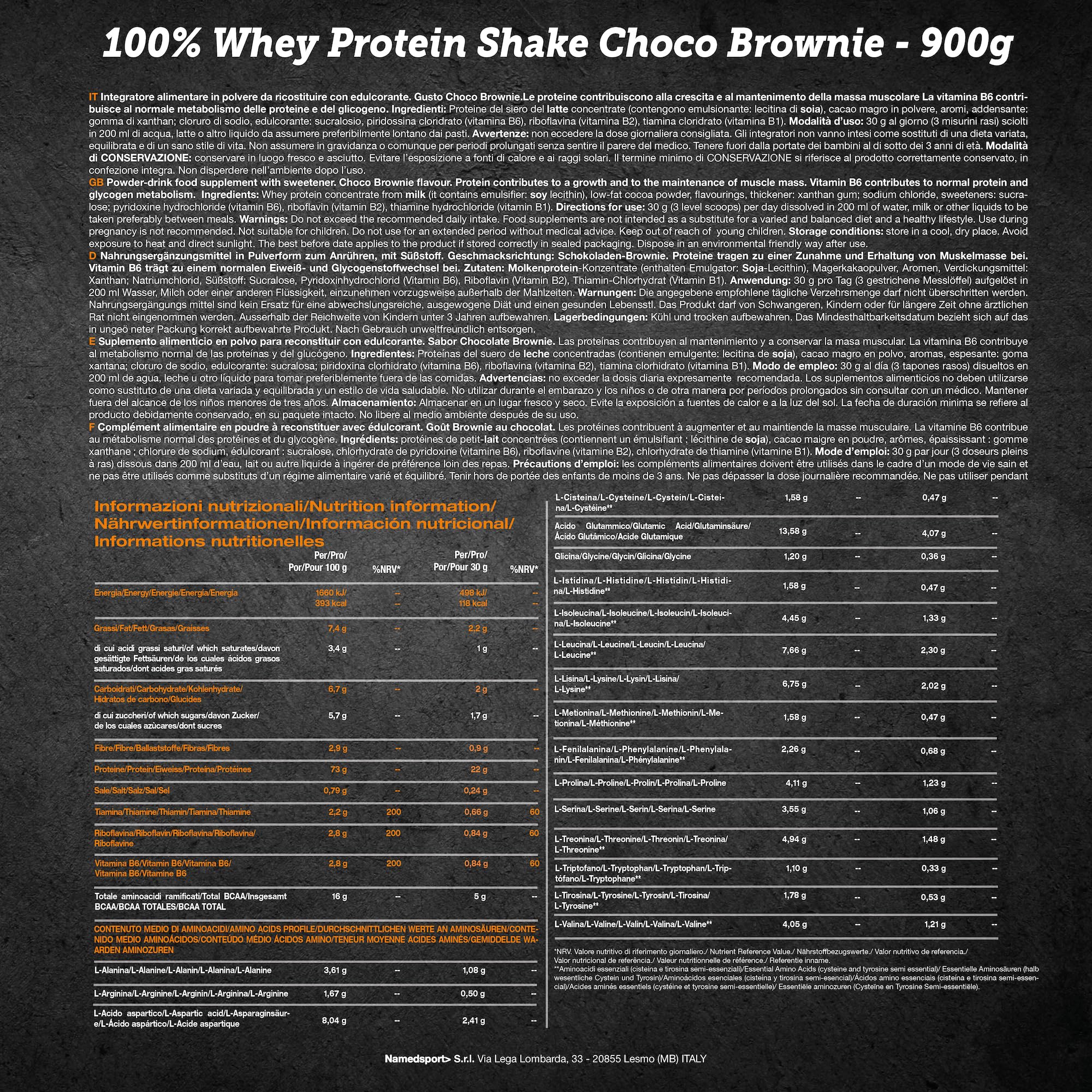 NAMEDSPORT 100% Whey Protein Shake Choco Brownie | Proteine in Polvere Isolate | Proteine del Siero del Latte per Massa Muscolare e Recupero | Low Sugar & High Protein | 900g Brownie al Cioccolato