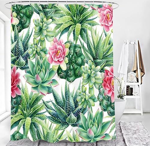 Miniatura 5 de Cortina de ducha suculenta, juego de cortina de ducha de cactus, cortinas de ducha de plantas verdes para baño, tela impermeable con 12 ganchos, 72