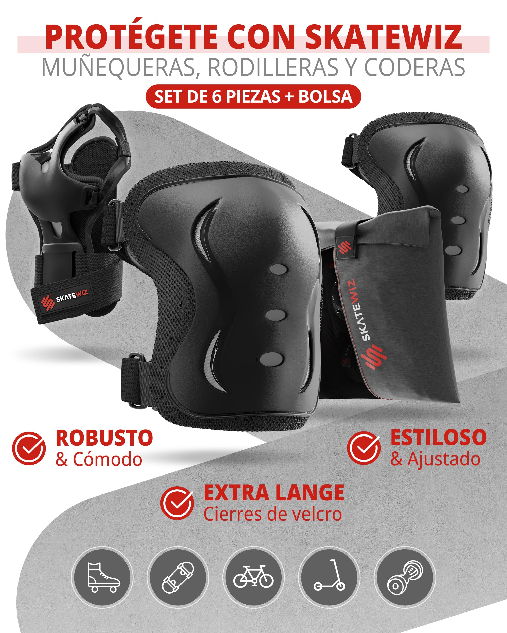 SKATEWIZ Protecciones Patines Set - Para Niño, Niña, Adolescentes y Adultos [6 piezas] con Rodilleras y Coderas Muñequeras - Protecciones Patines Niño - 4