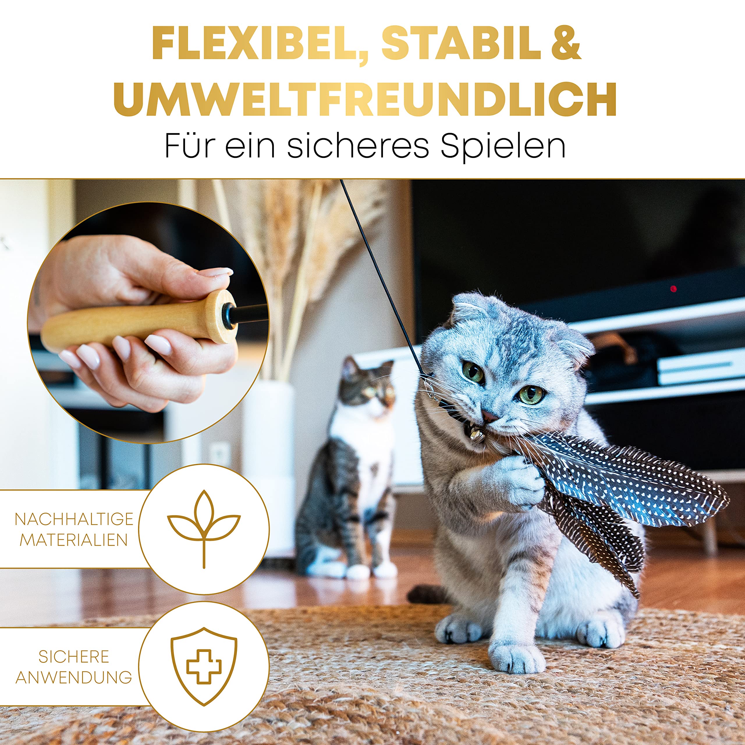 St.Pawly® Katzenangel - Katzenspielzeug - austauschbare Anhänger - Ersatzband - ergonomischer Holzgriff - nachhaltiges Spielzeug für Katzen - stabil