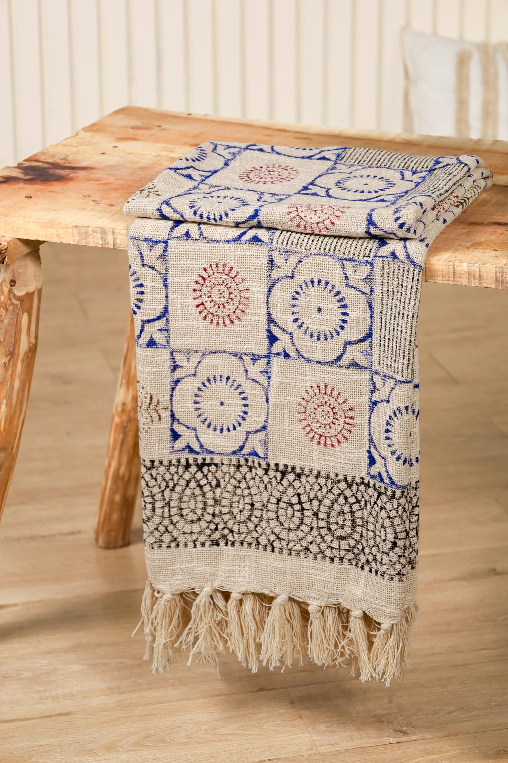 Blumenmedaillon Block Druck Plaid | Plaids | Sofaüberwurf für alle Jahreszeiten | 130x175 cm | Plaid mit Fransen | 100% Baumwolle | Blau und Creme